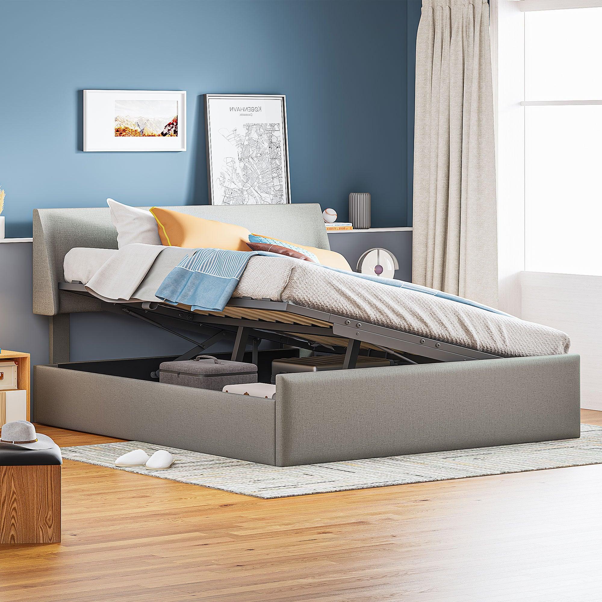 🆓🚛 Queen Size Sleigh Bed With Side-Tilt Hydraulic Storage System, Linen Upholstery, Gray