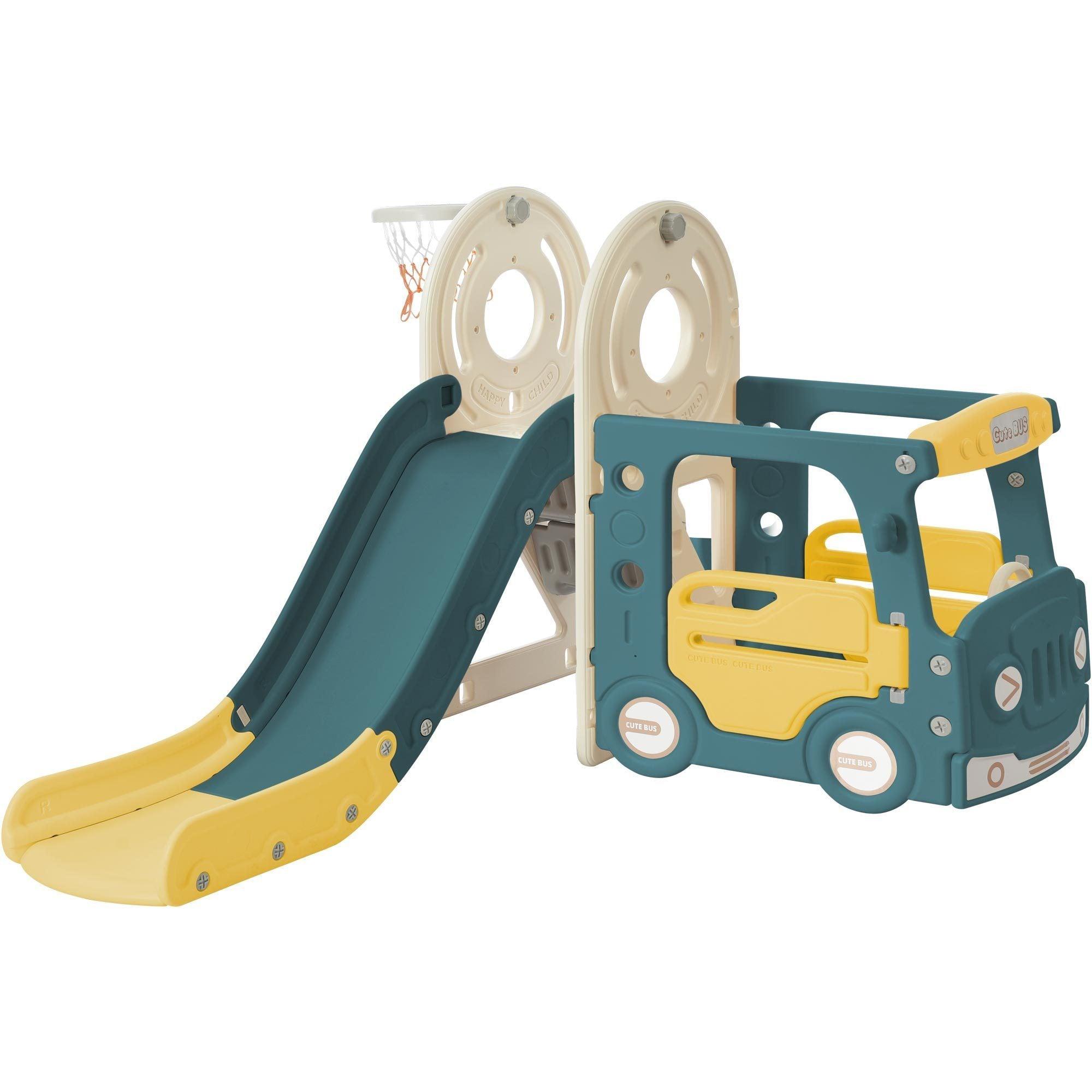 🆓🚛 Kids Slide With Bus Play Structure, Freestanding Bus Toy With Slide for Toddlers, Bus Slide Set With Basketball Hoop, Blue & Yellow