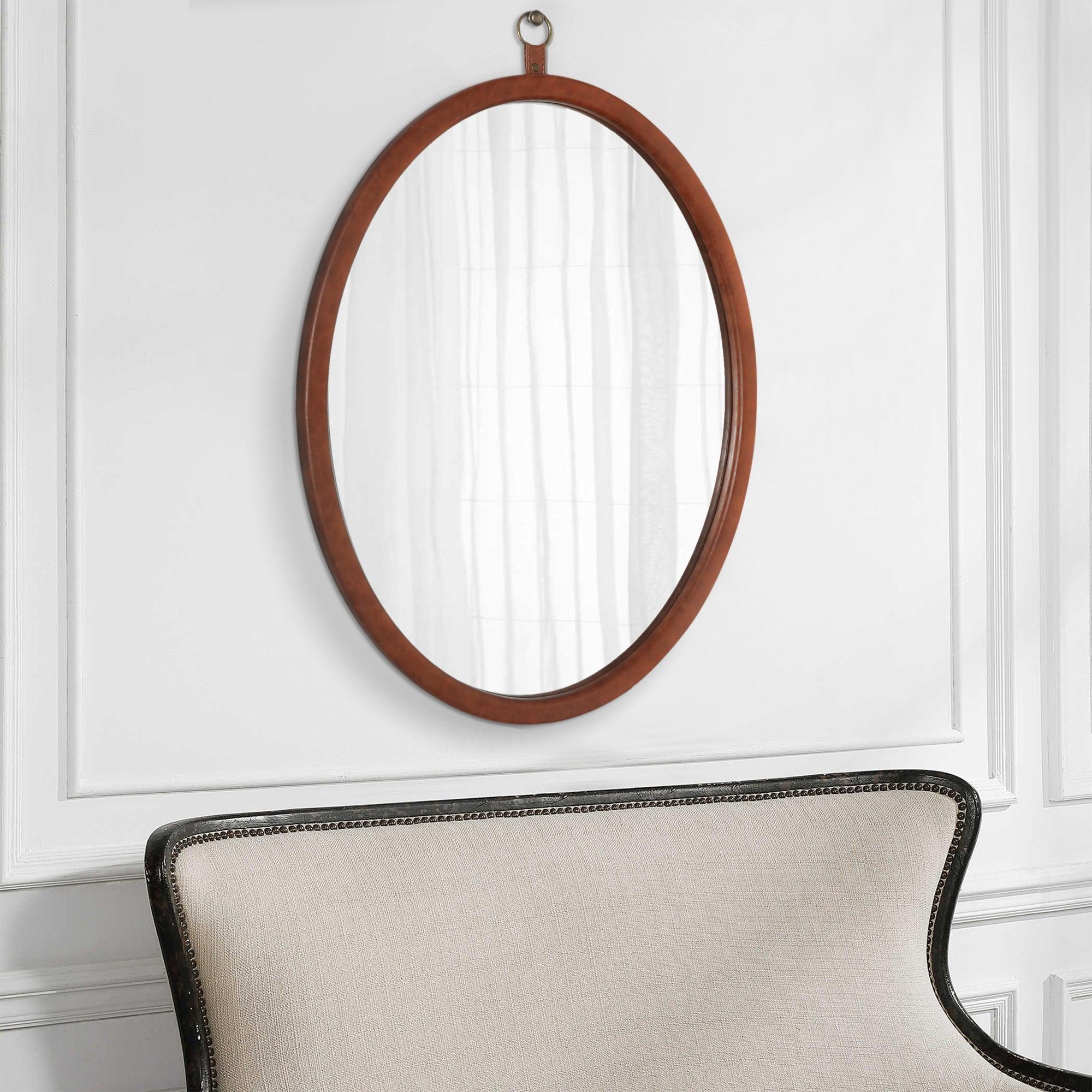 🆓🚛 Oval Brown Decorative Wall Hanging Mirror, Pu Covered Mdf Framed Mirror for Bedroom Living Room Vanity Entryway Wall Decor, 23.62X29.92"