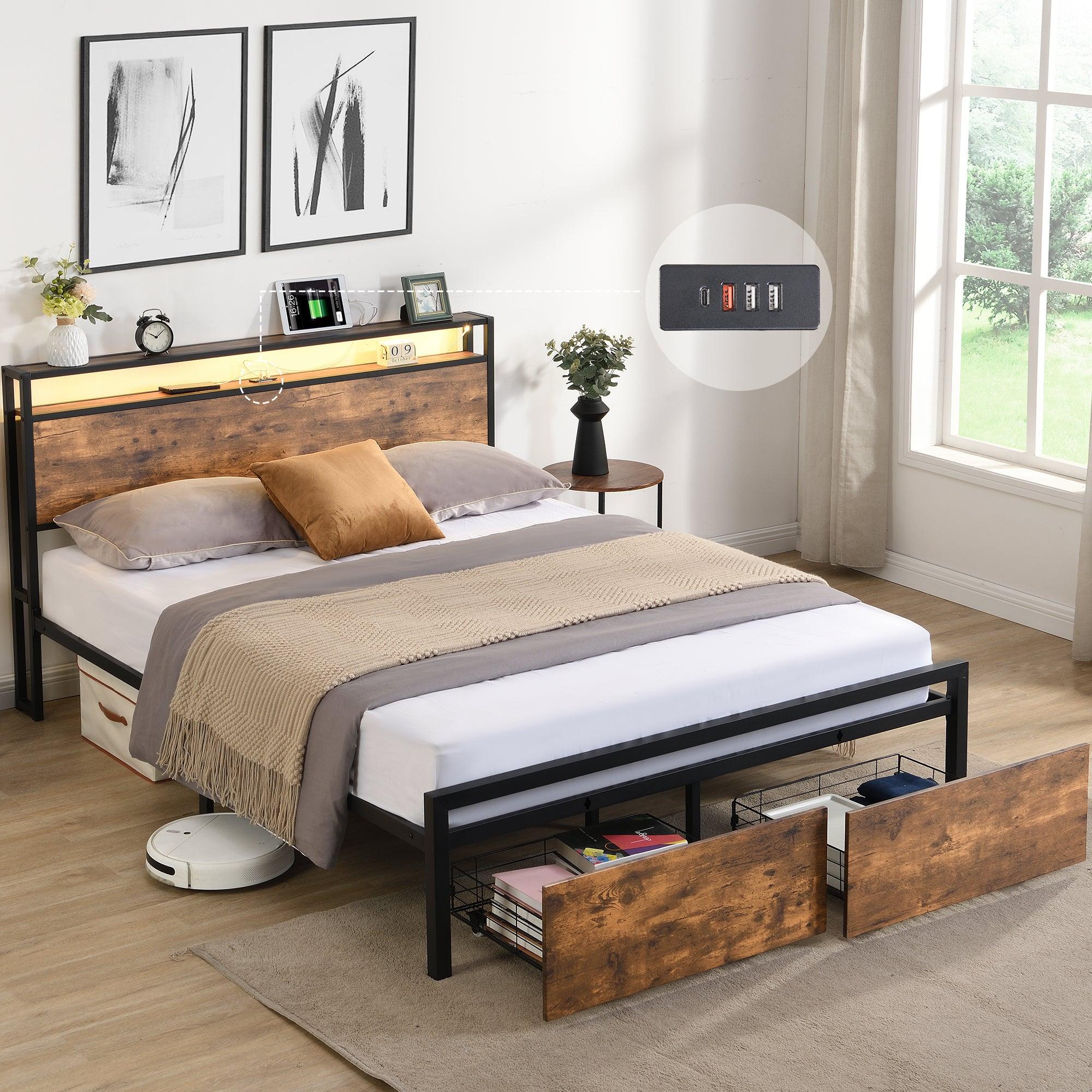 🆓🚛 Queen Size Bed Frame With Storage Headboard & 2 Drawers, Led Lights Bed With Charging Station, Metal Platform Bed No Noise, Mattress Foundation Strong Metal Slats Support No Box Spring Needed