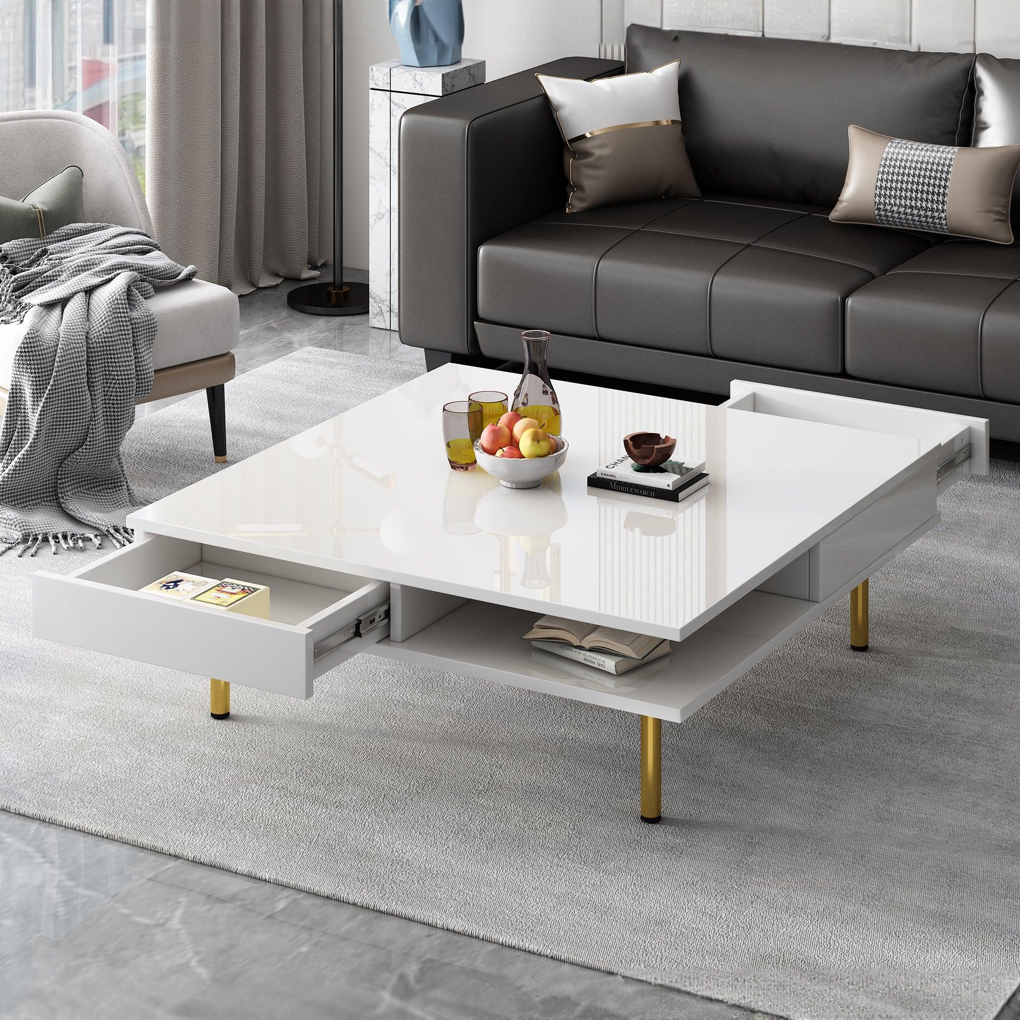 🆓🚛 Exquisite High Gloss Coffee Table With 4 Golden Legs & 2 Small Drawers, 2-Tier Square Center Table for Living Room, White