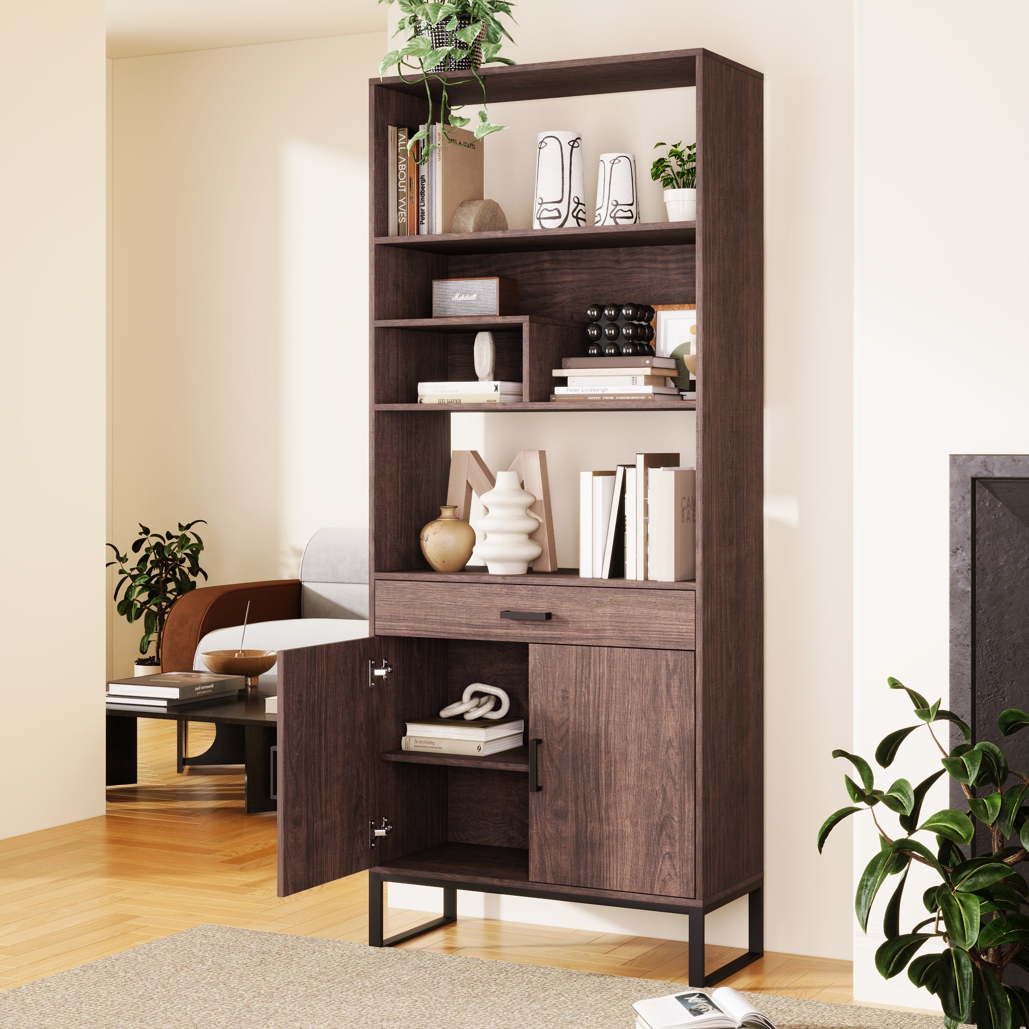 🆓🚛 75.9" Modern Open Bookshelf With Doors, Bookcase With Storage Drawer and Led Strip Lights, Free Standing Display Rack, Wooden Tall Bookshelf for Living Room and Office, Walnut