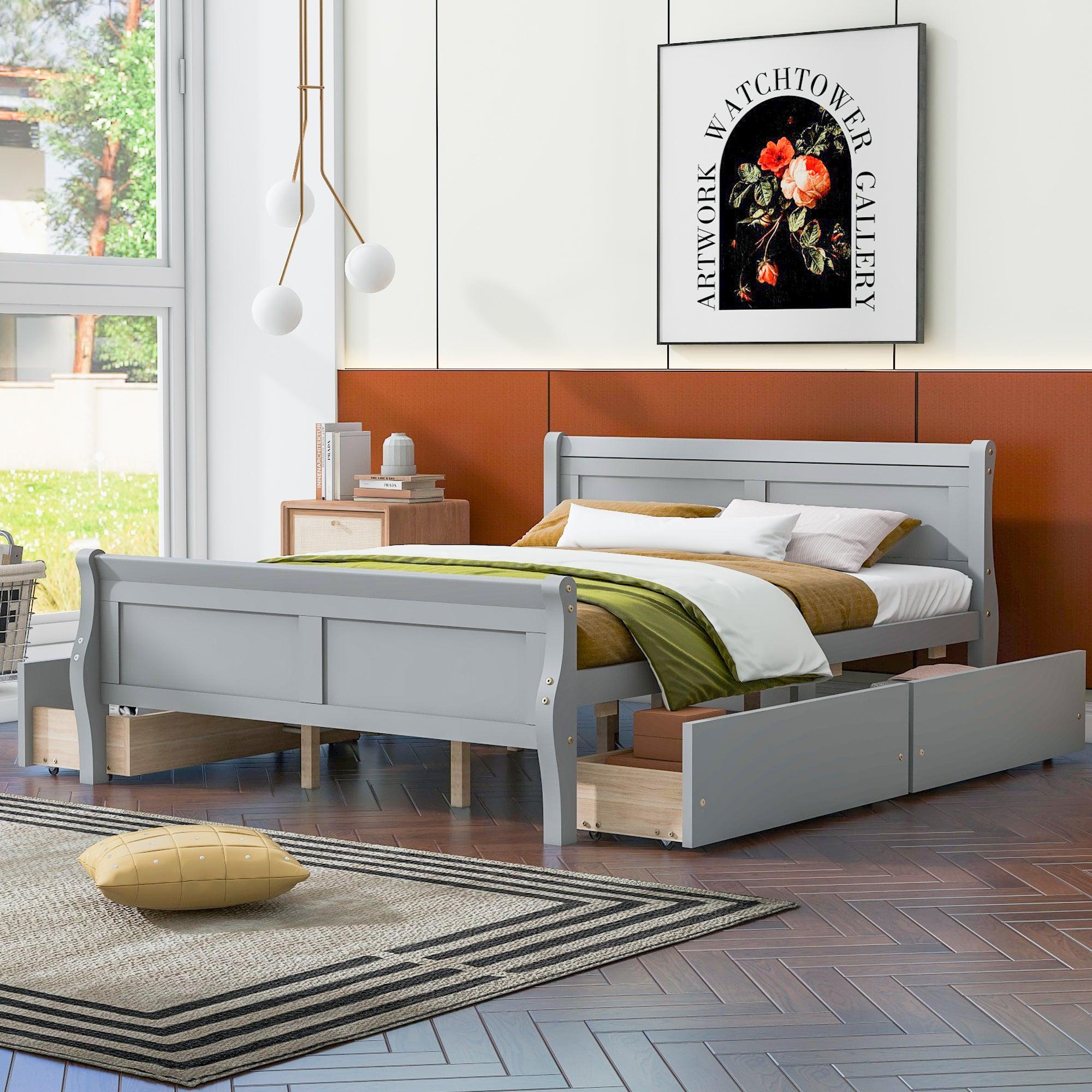 🆓🚛 Queen Size Wood Platform Bed With 4 Drawers & Streamlined Headboard & Footboard, Gray