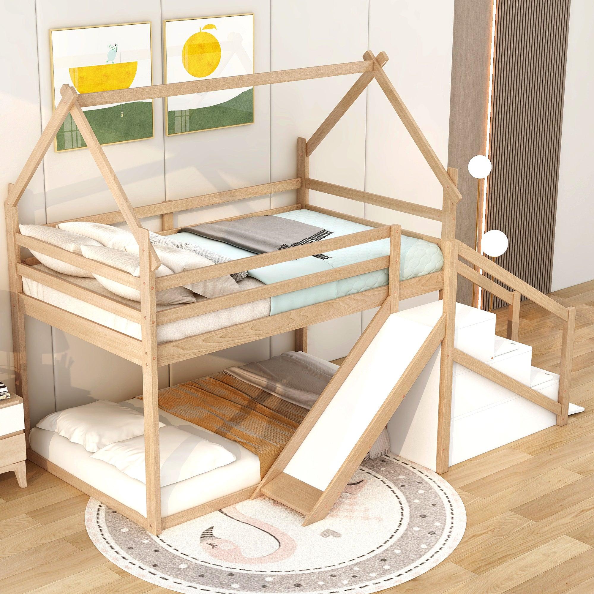 🆓🚛 Twin Over Twin House Loft Or Bunk Bed With Slide & Staircase, Natural