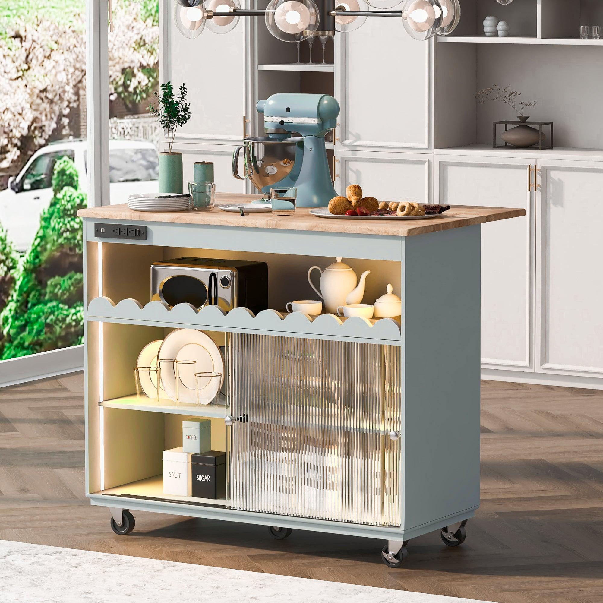 🆓🚛 Led Light Kitchen Cart On Wheels With Power Outlets, 2 Sliding Fluted Glass Doors, Large Kitchen Island Cart With 2 Cabinet & 1 Open Shelf (Gray Blue)