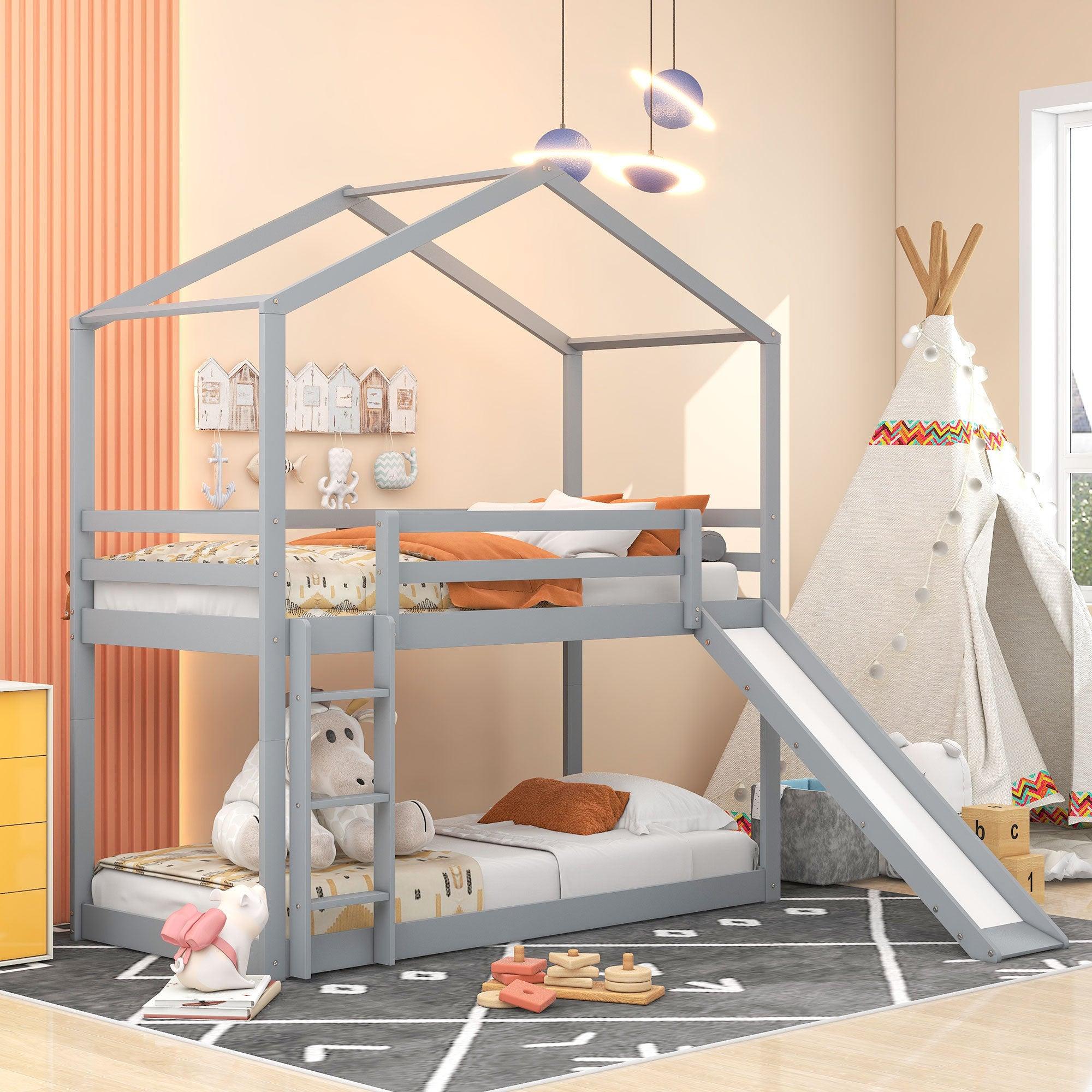 🆓🚛 Twin Over Twin Bunk Bed With Roof, Slide & Ladder, Gray