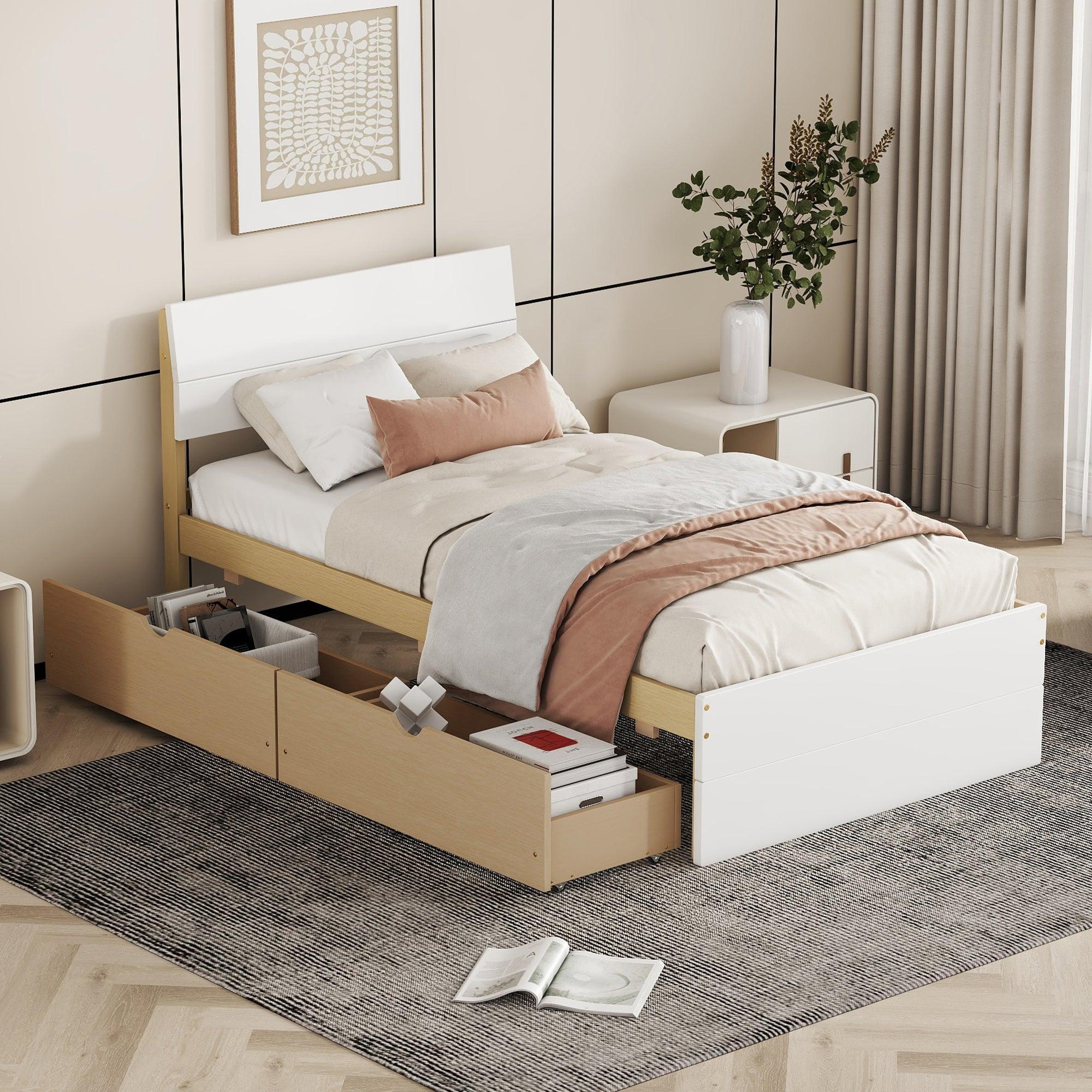 🆓🚛 Modern Twin Bed Frame With 2 Drawers for White High Gloss Headboard & Footboard With Light Oak Color