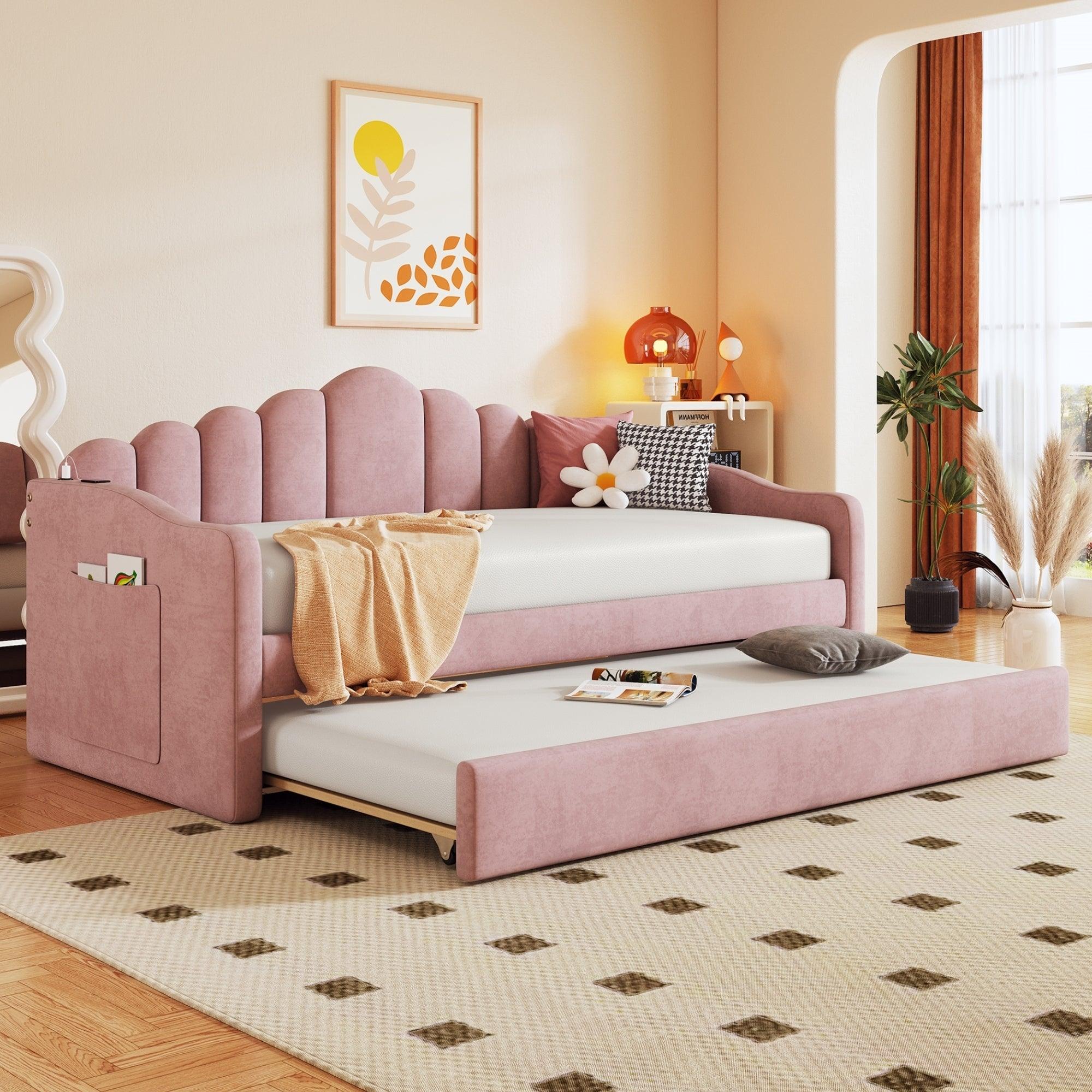 🆓🚛 Twin Size Upholstered Daybed With Trundle, Velvet Sofabed With Usb Charging Ports, No Box-Spring Needed, Pink