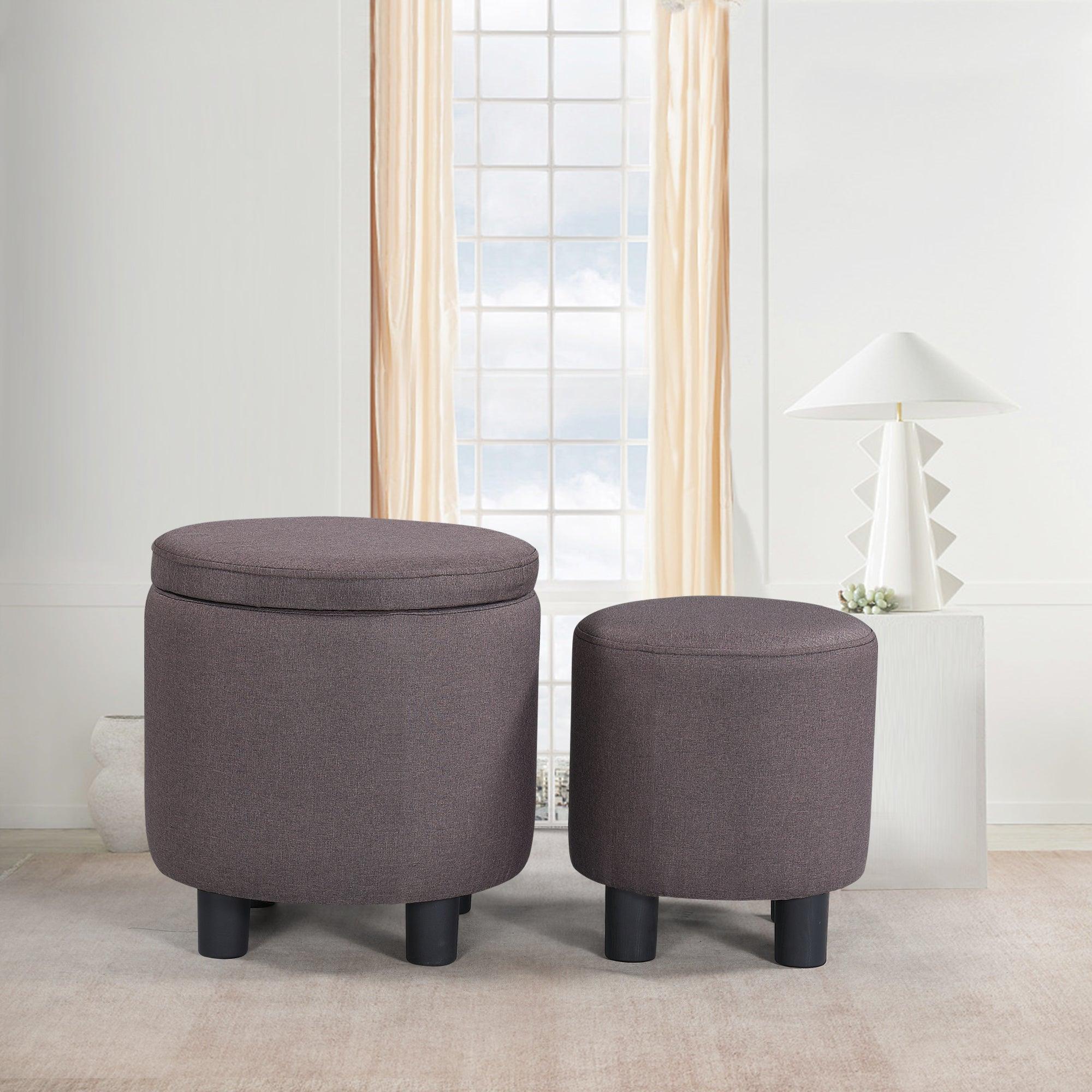 🆓🚛 Upholstered Round Fabric Tufted Footrest 1+1 Ottoman, Ottoman With Storage for Living Room & Bedroom, Decorative Home Furniture, Brown