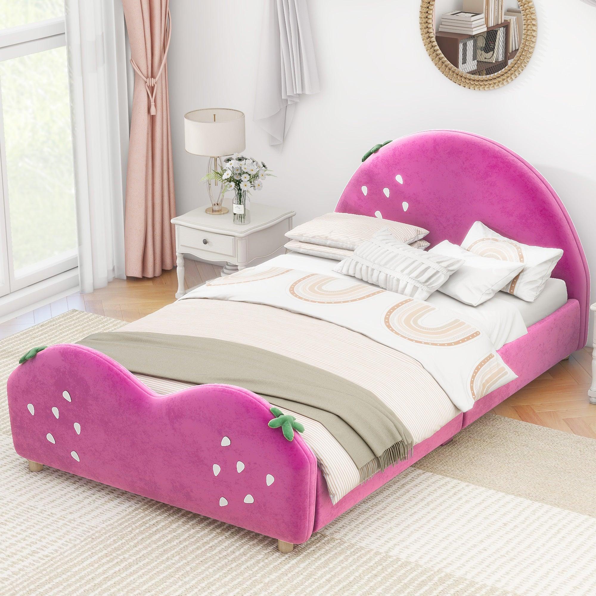 🆓🚛 Twin Size Upholstered Platform Bed With Strawberry Shaped Headboard & Footboard, Pink