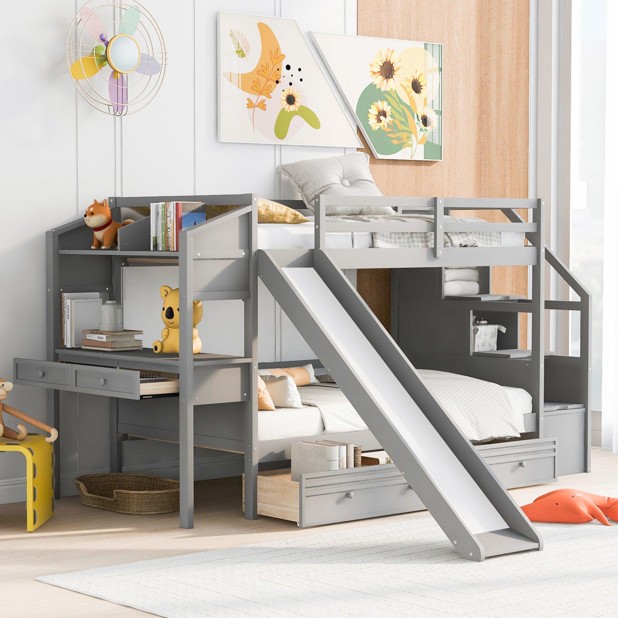 🆓🚛 Twin Over Twin Bunk Bed With Storage Staircase, Slide & Drawers, Desk With Drawers & Shelves, Gray