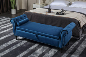 63" Velvet Multifunctional Storage Bench Rectangular Sofa Stool Buttons Tufted Nailhead Trimmed Ottoman Solid Wood Legs with 1 Pillow, Blue