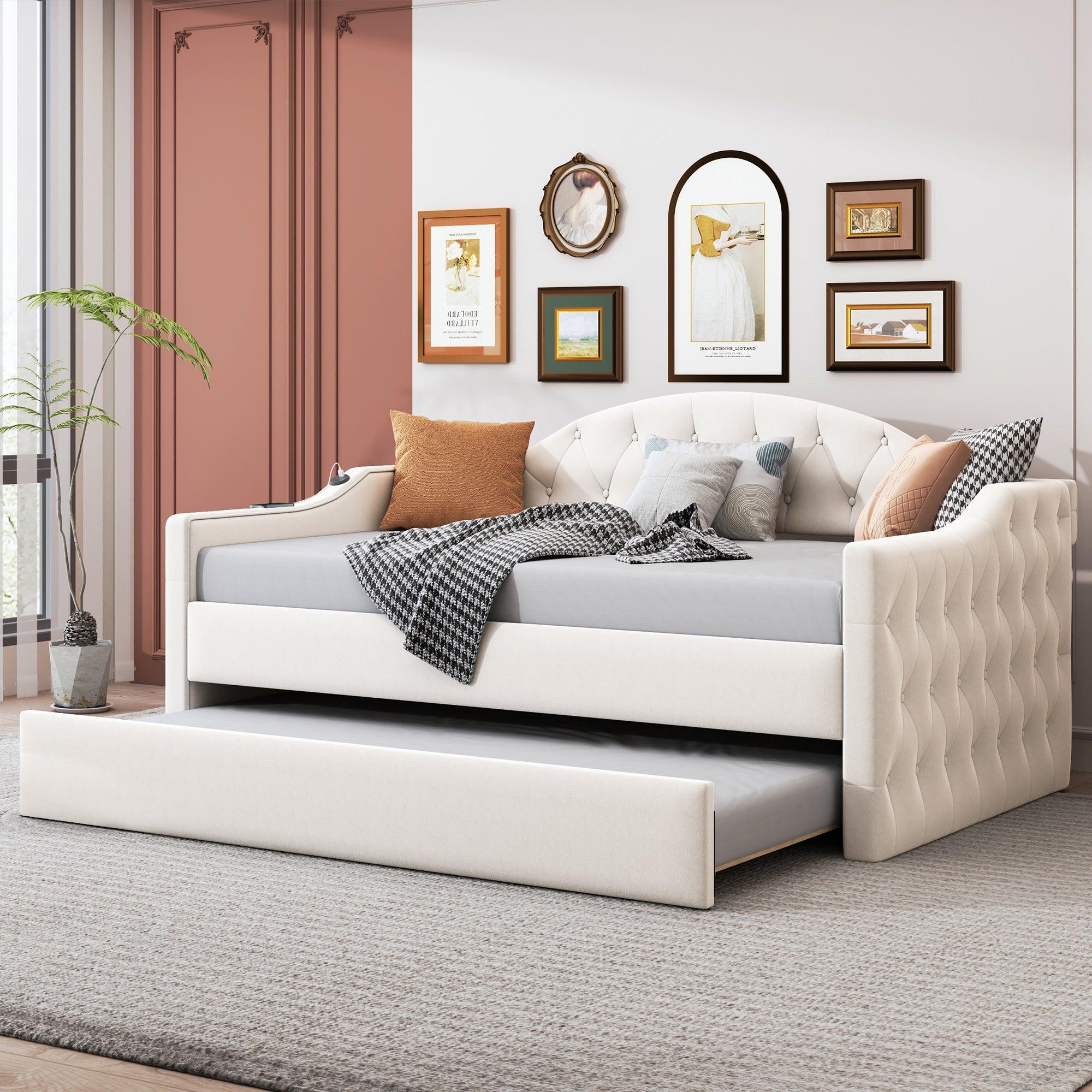 🆓🚛 Twin Size Tufted Upholstered Daybed With Trundle, Usb Type-C Charging Ports, Beige