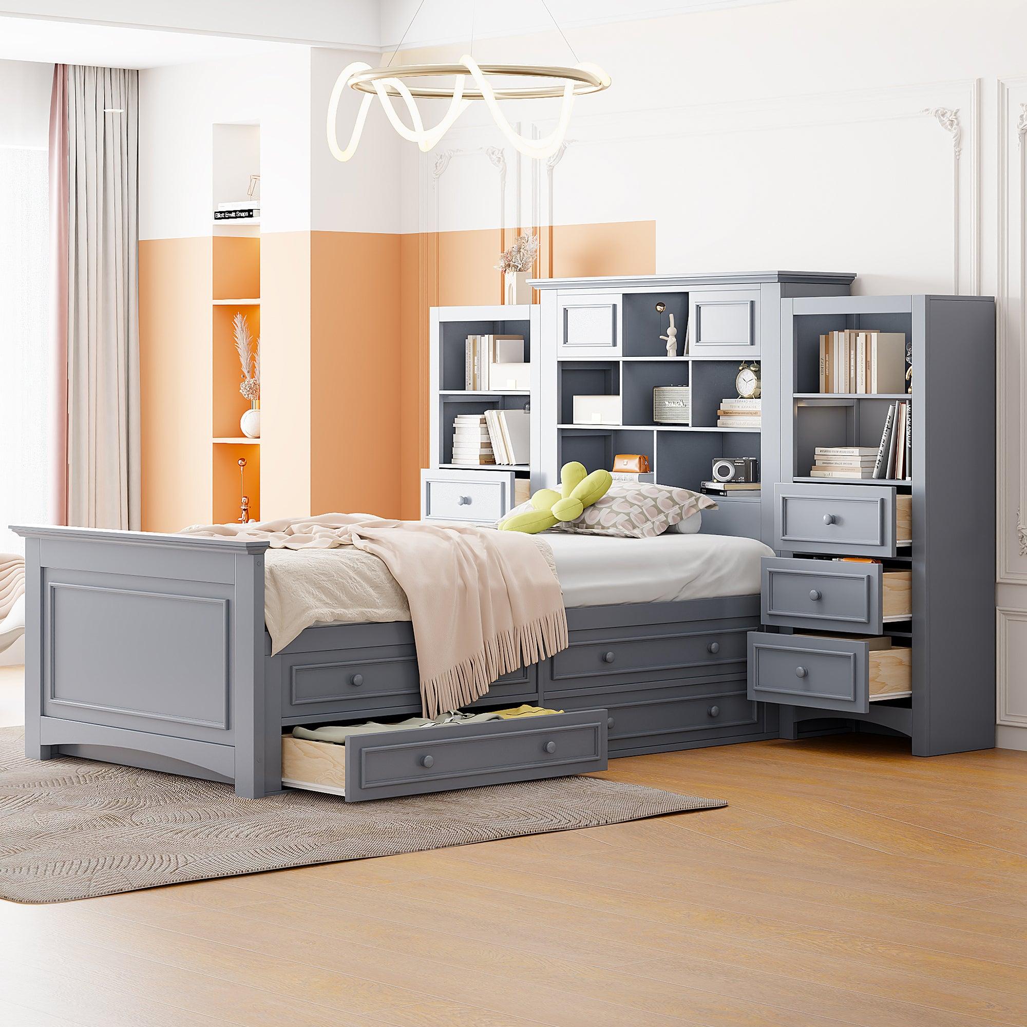 🆓🚛 Twin Size Wood Platformbed With Vertical All-in-One Cabinet & 4 Drawers On Each Side, Gray