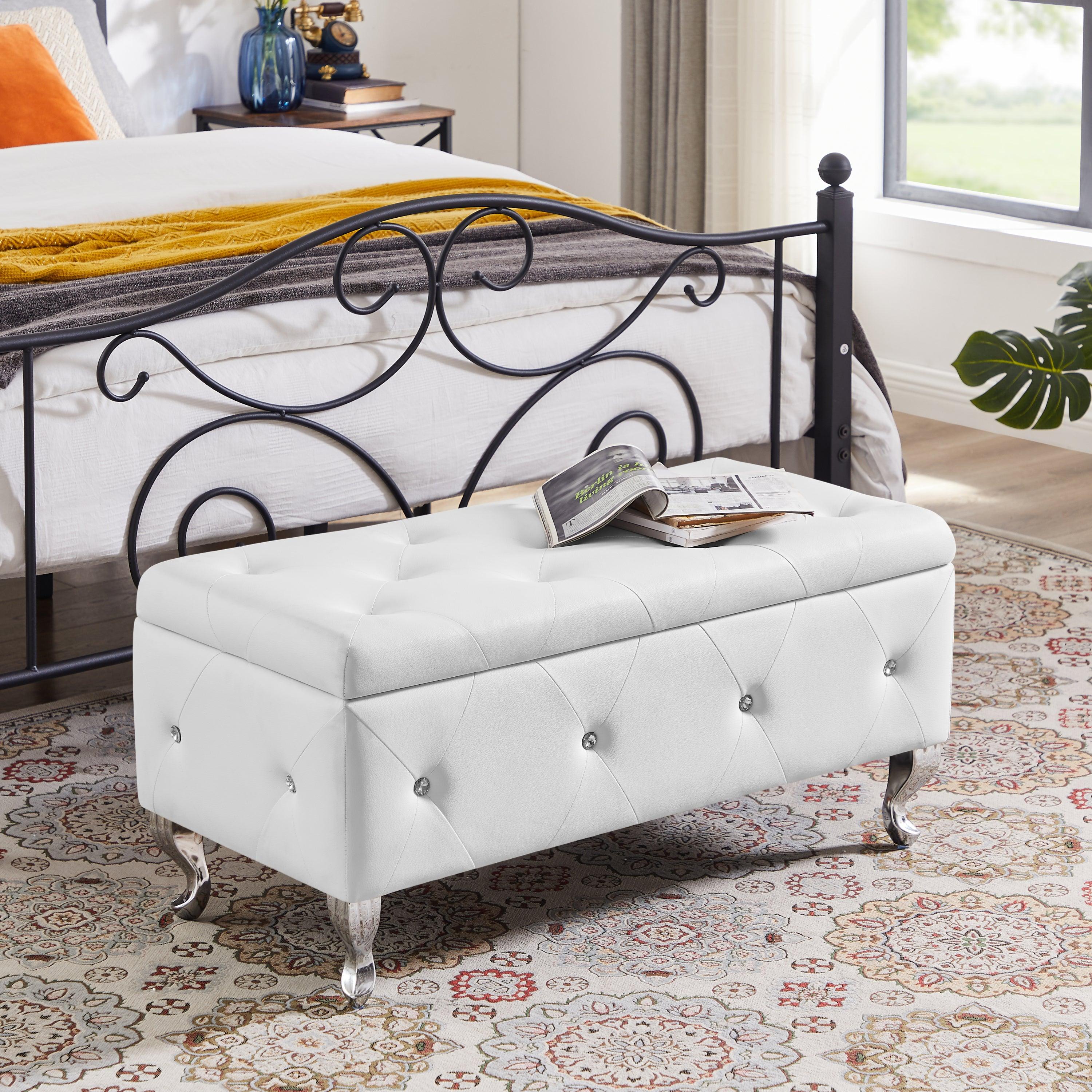 🆓🚛 Upholstered Pu Leather Storage Ottoman Bench, Flip Top, Metal Leg With Footpad, for Living Room, Entryway, Bedroom, White