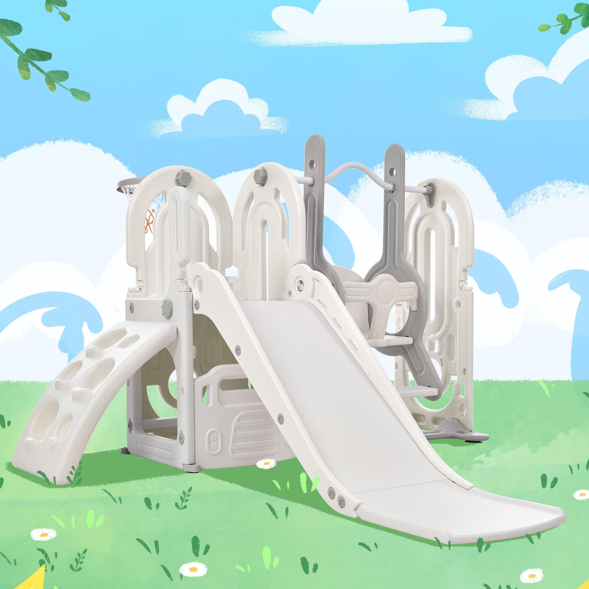 🆓🚛 Toddler Slide & Swing Set 5 in 1, Kids Playground Climber Slide Playset With Basketball Hoop Freestanding Combination for Babies Indoor & Outdoor, Gray