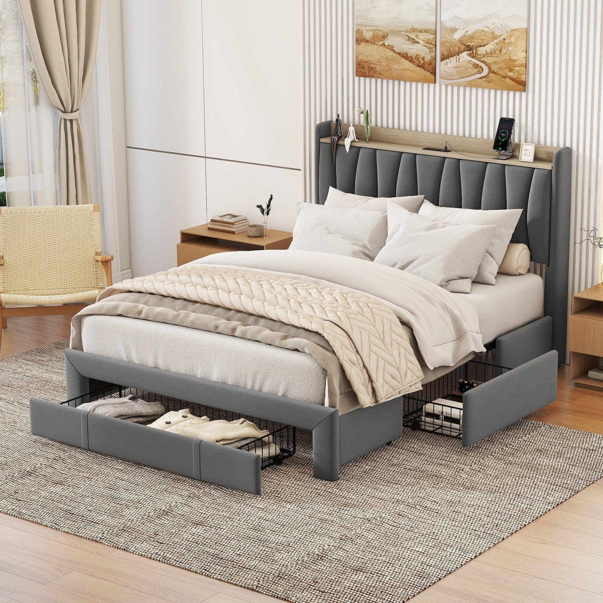 🆓🚛 Queen Size Bed Frame With Storage Headboard & Charging Station, Upholstered Platform Bed With 3 Drawers, No Box Spring Needed, Dark Gray