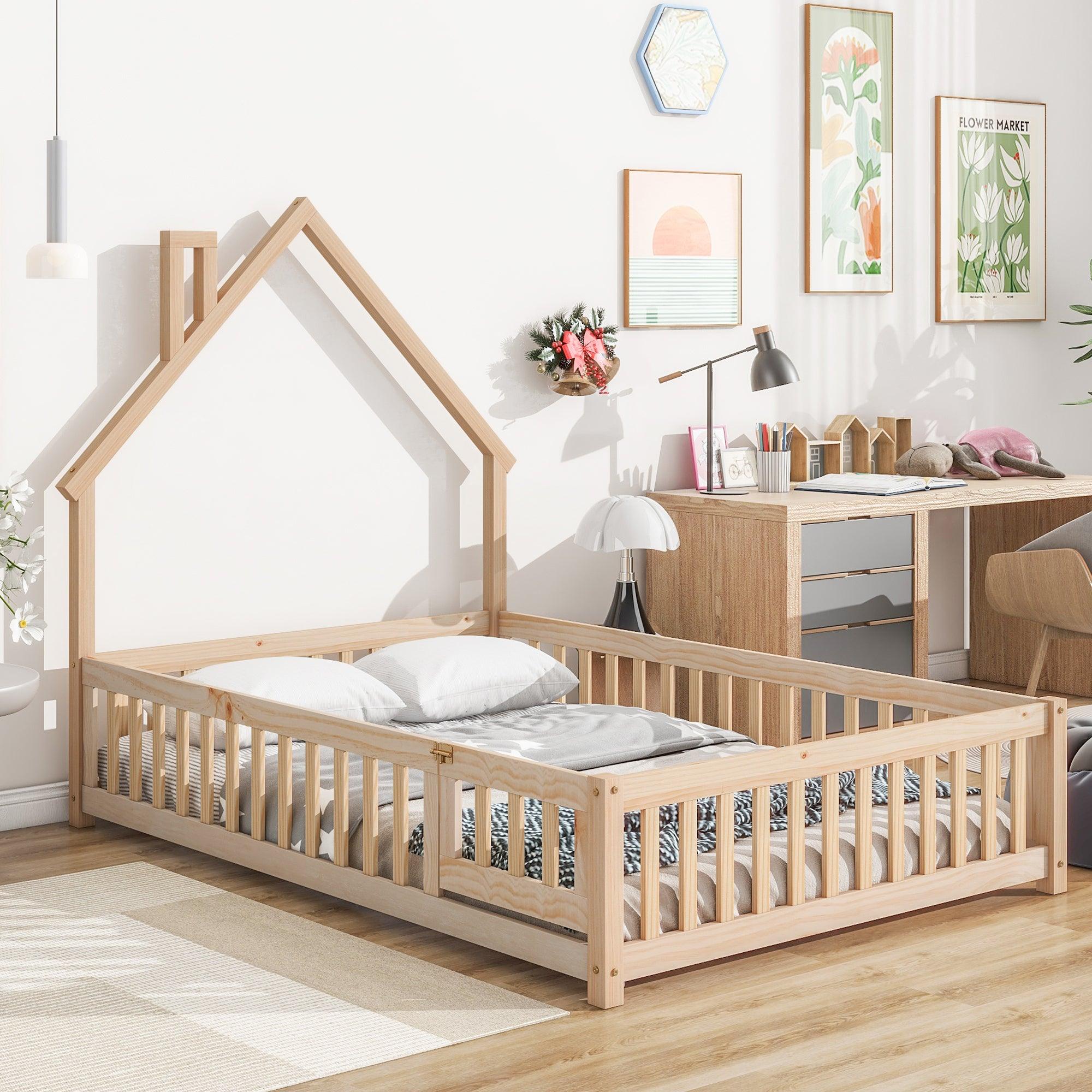 🆓🚛 Full House-Shaped Headboard Floor Bed With Fence, Natural