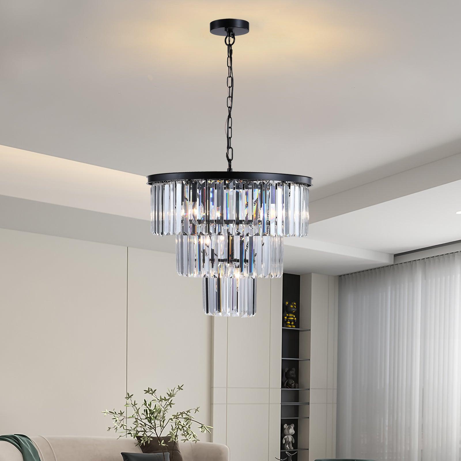 🆓🚛 Luxury Crystal Chandelier Modern Chandeliers Lights Fixture Hanging Pendant Light Fixture for Dining Room Bedroom Living Room Dia 19.7 Inch-Black