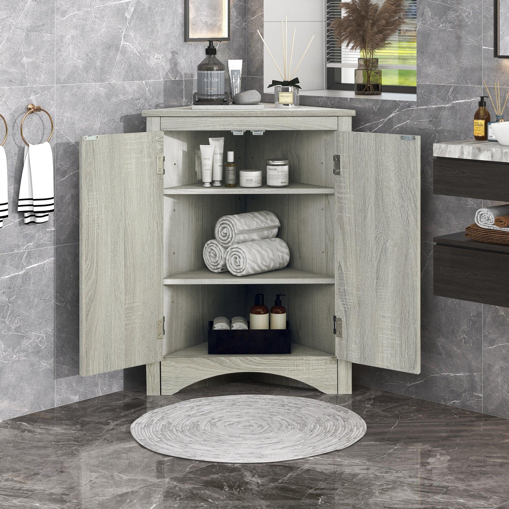 🆓🚛 Oak Triangle Bathroom Storage Cabinet With Adjustable Shelves, Freestanding Floor Cabinet for Home Kitchen