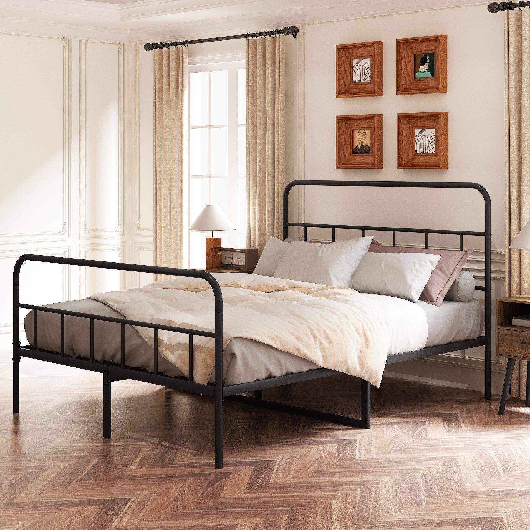 🆓🚛 Queen Size Metal Platform Bed Frame With Headboard, Sturdy Metal Frame, Black