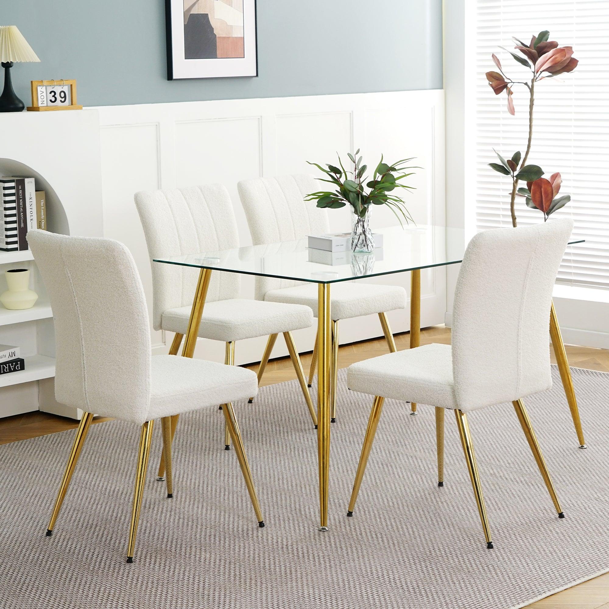 🆓🚛 Modern Teddy Wool Dining Chair, Upholstered Chair With Fabric Accent Side Chair With Gold-Plated Metal Legs, Set Of 4, White