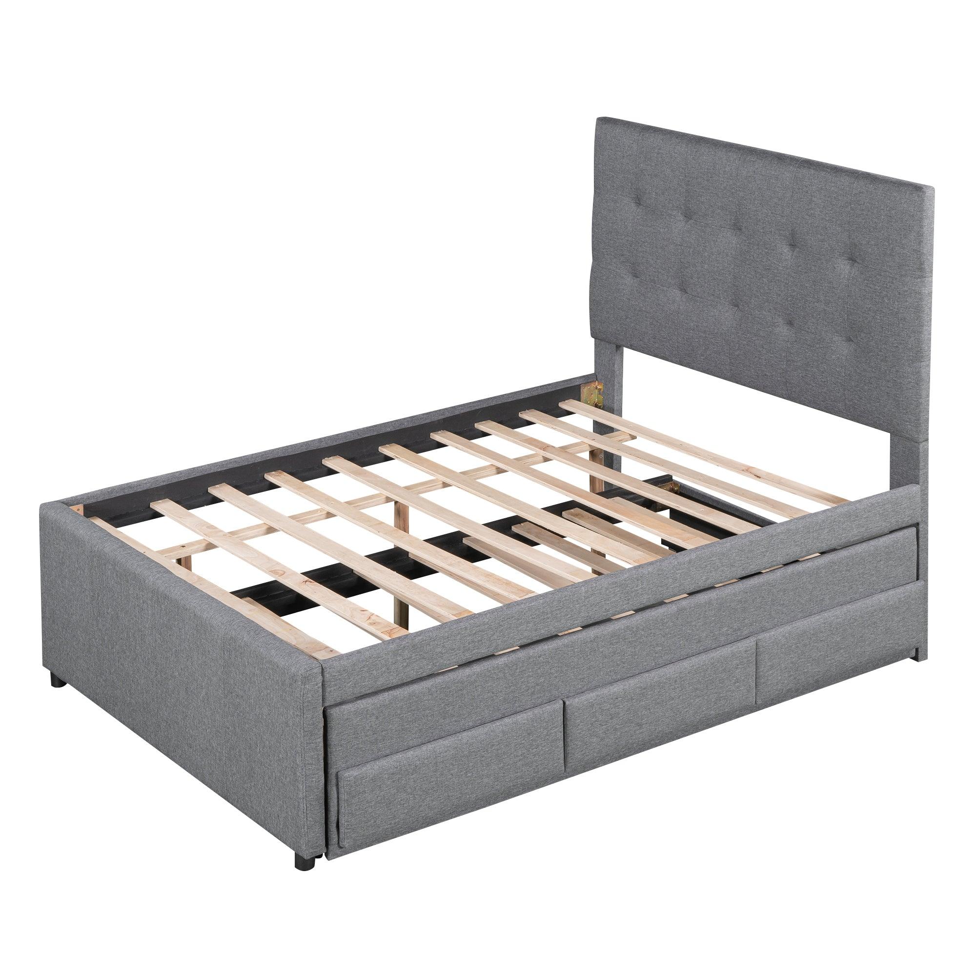 Full Size Upholstered Platform Bed With Pull-Out Twin Size Trundle And 3 Drawers, Gray