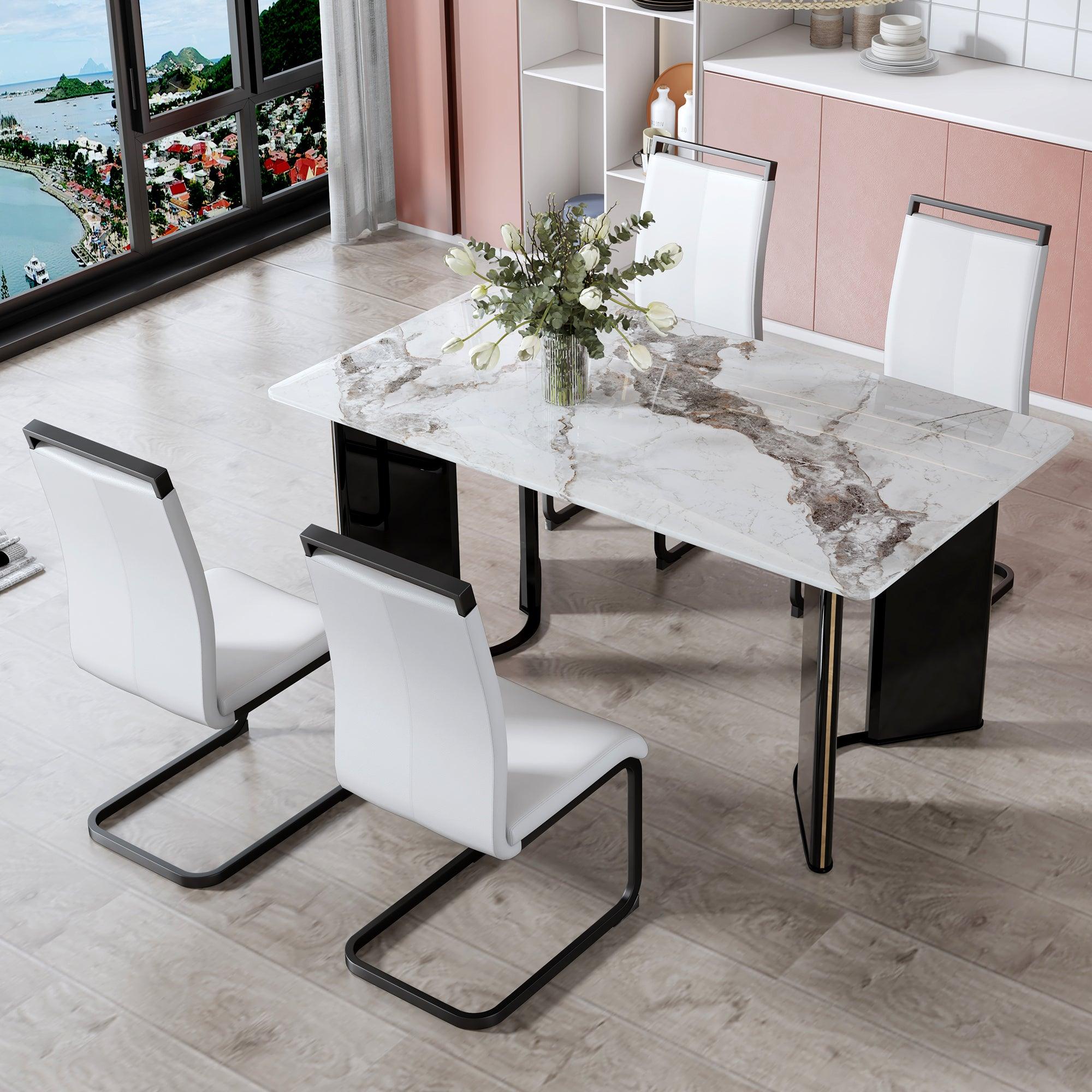 🆓🚛 Table & Chair Set, White Imitation Marble Desktop With Mdf Legs & Gold Metal Decorative Strips, 4 Dining Chairs With White Backrest & Black Metal Legs