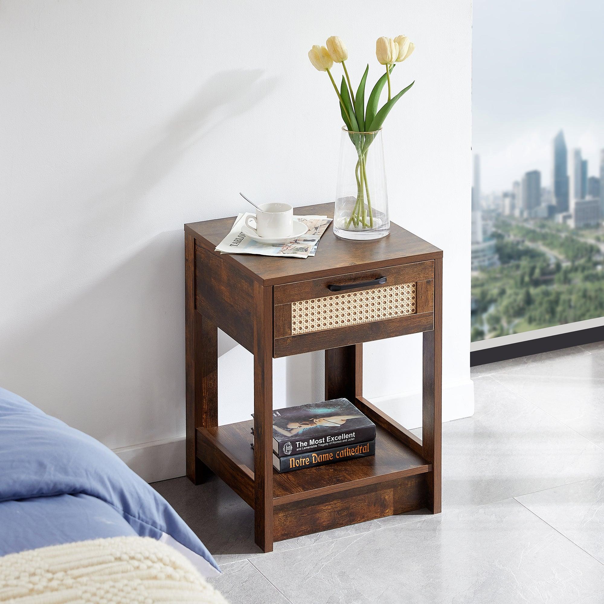 15.75" Rattan End table with  drawer, Modern nightstand, side table for living room, bedroom, Rustic Brown