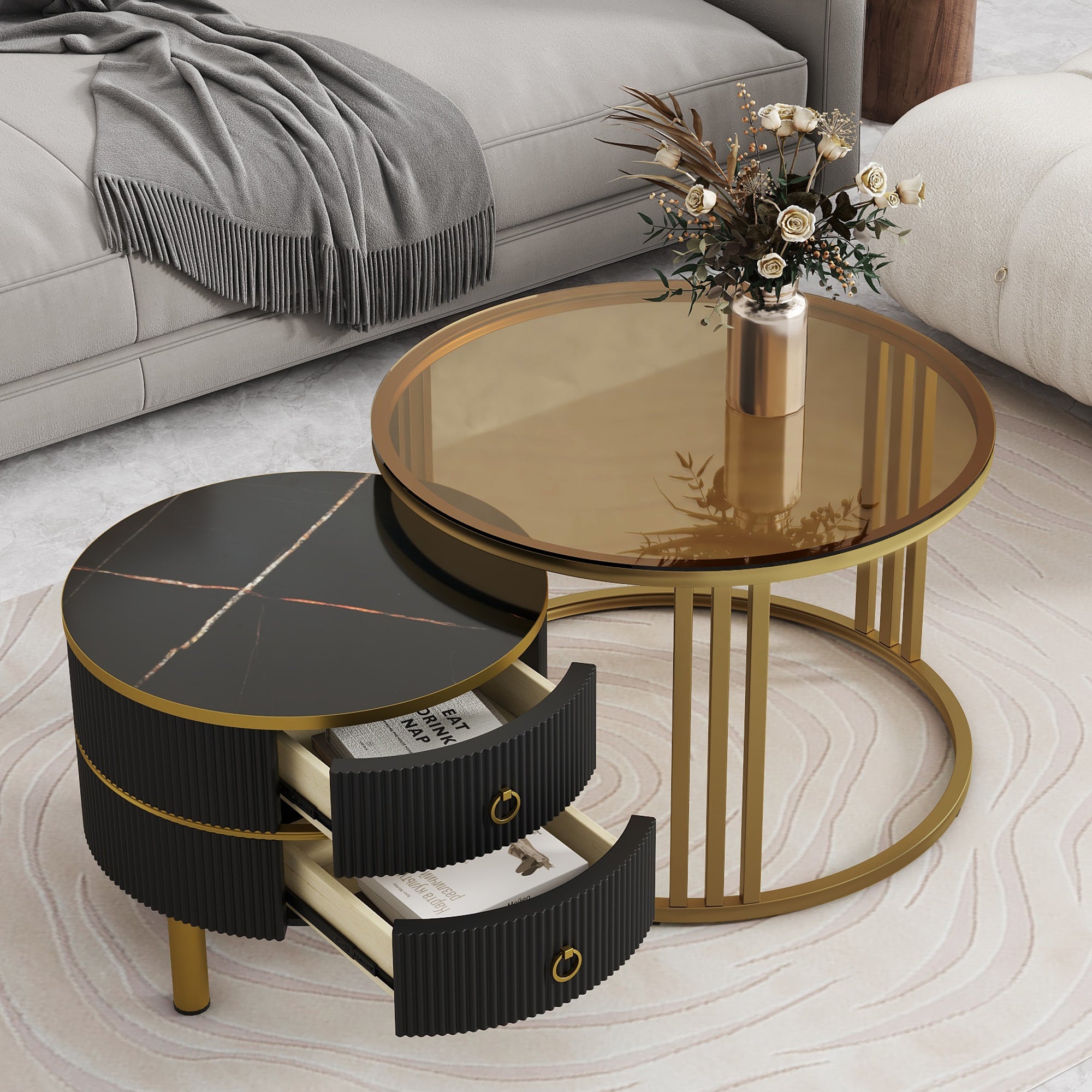 🆓🚛 27.5'' & 19.6'' Stackable Coffee Table With 2 Drawers, Nesting Tables With Brown Tempered Glass and High Gloss Faux Marble Tabletop, Set of 2, Round Center Table for Living Room, Black