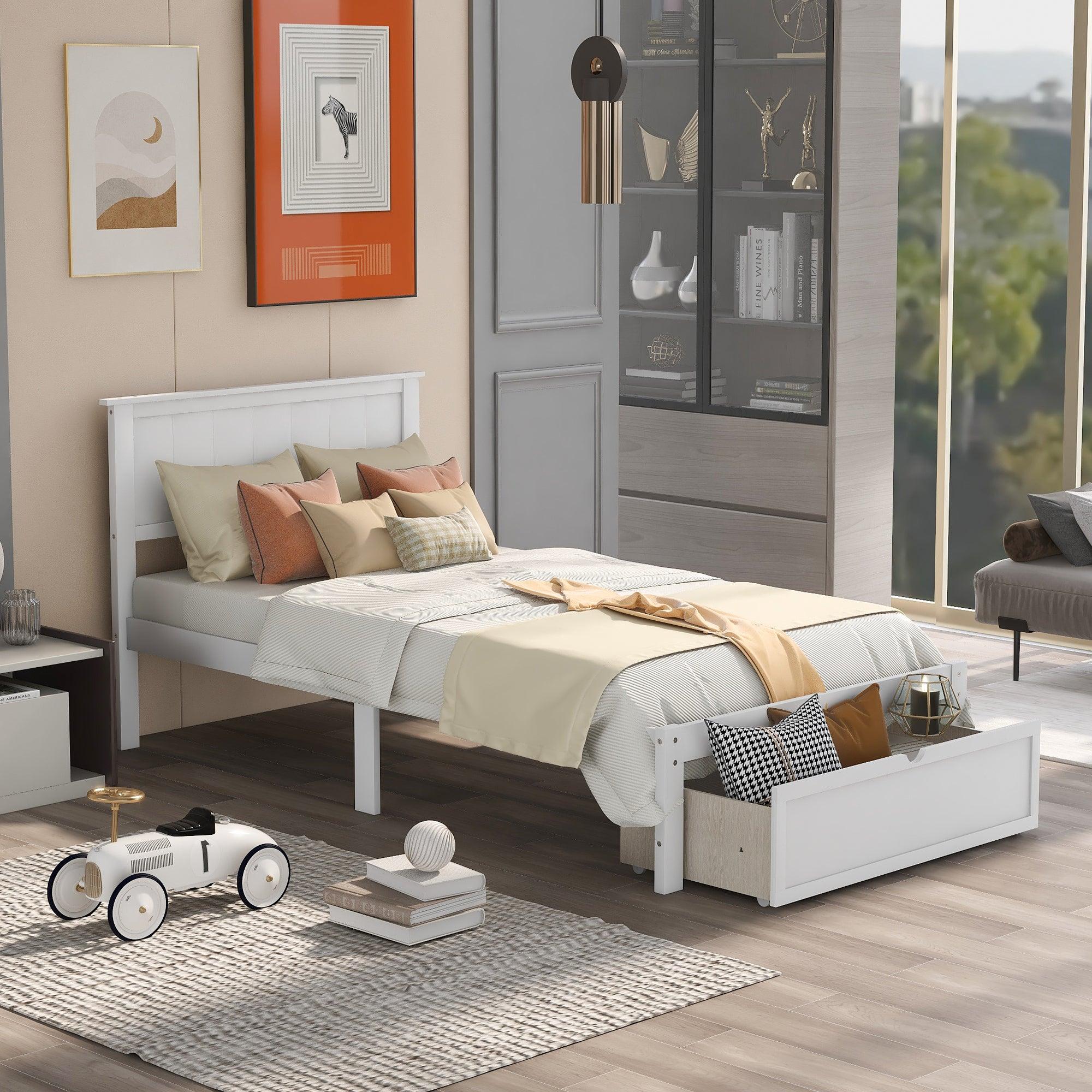 🆓🚛 Twin Size Platform Bed With Under-Bed Drawer, White
