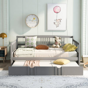 Full Size Daybed Wood Bed With Twin Size Trundle, Gray