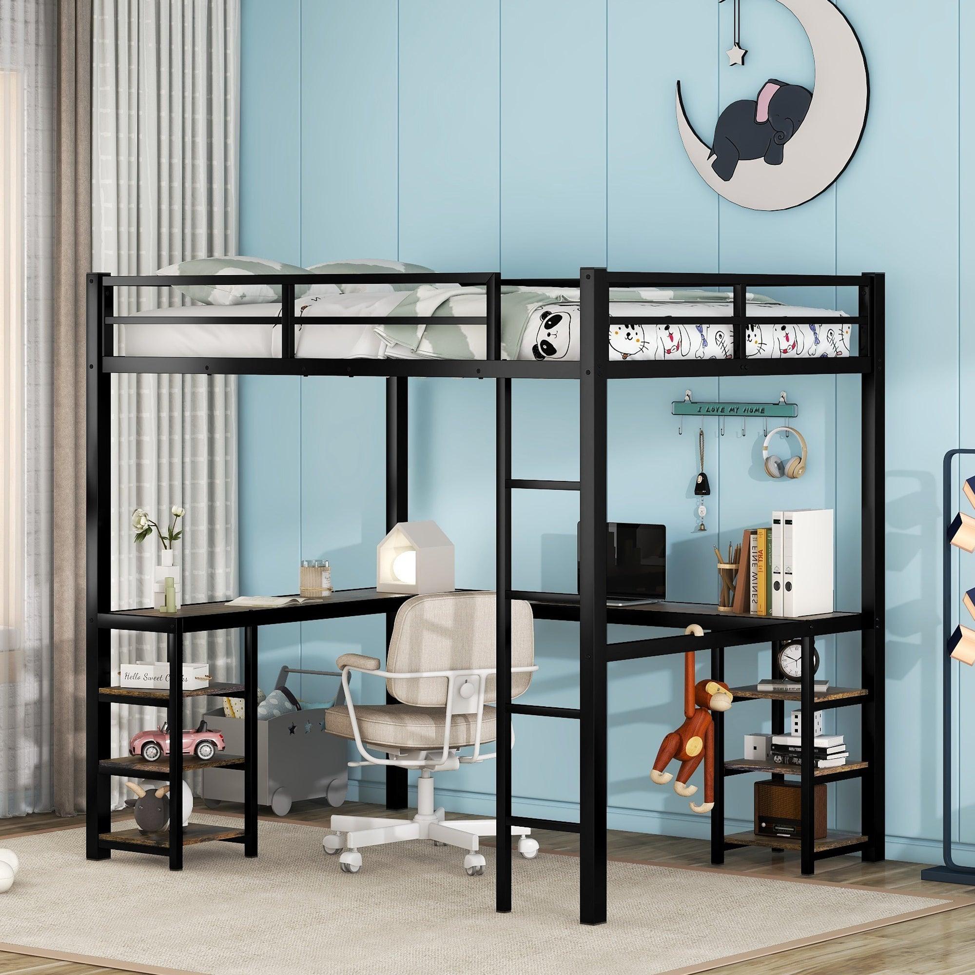 🆓🚛 Full Metal Loft Bed With Desk & Shelves, Loft Bed With Ladder & Guardrails, Loft Bed Frame for Bedroom, Black