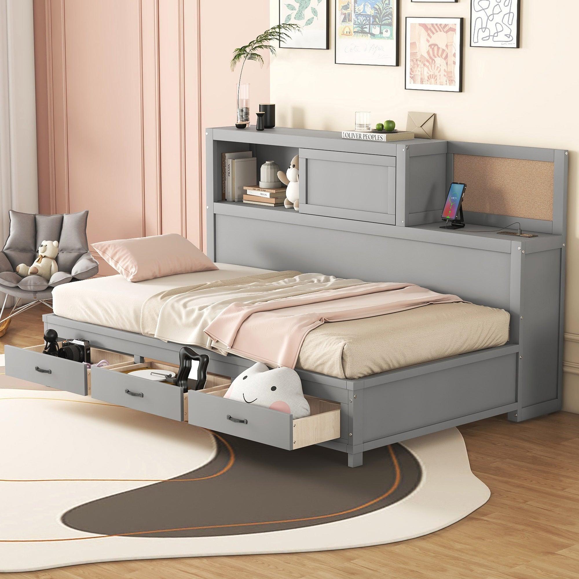 🆓🚛 Twin Size Wooden Daybed With 3 Storage Drawers, Upper Soft Board, Shelf, Set Of Sockets & Usb Ports, Gray