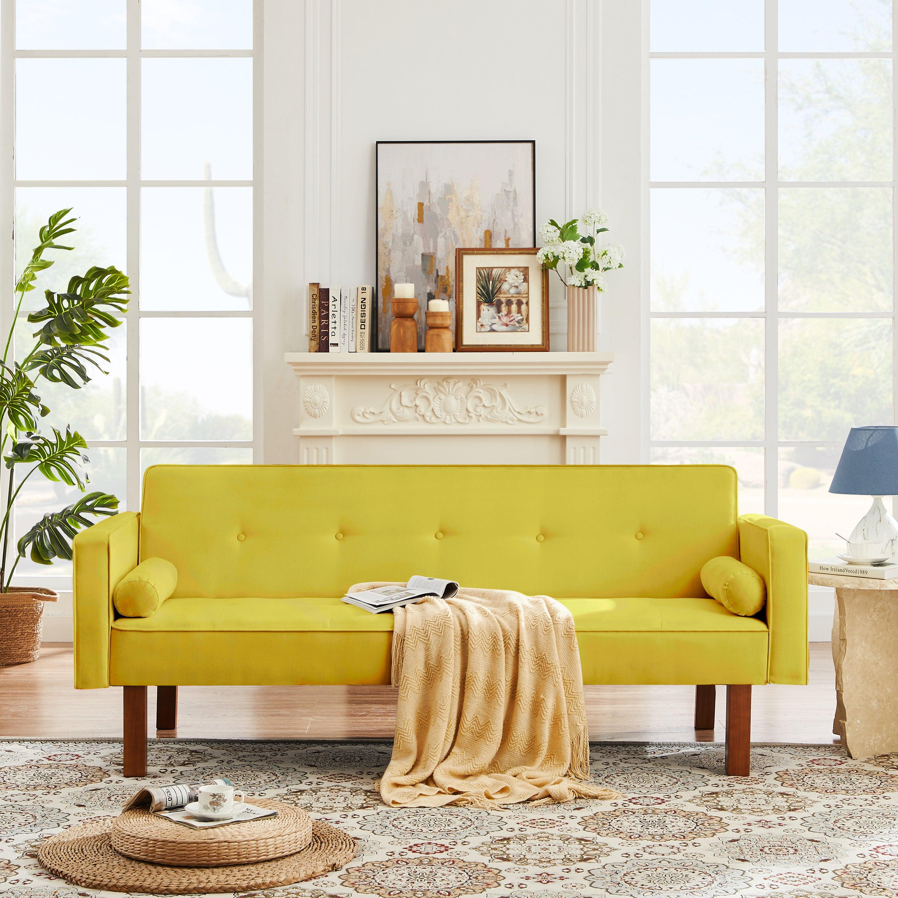 Futon Sofa Bed Convertible Couch Bed With Armrests Modern Living Room Linen Sofa Bed, Yellow
