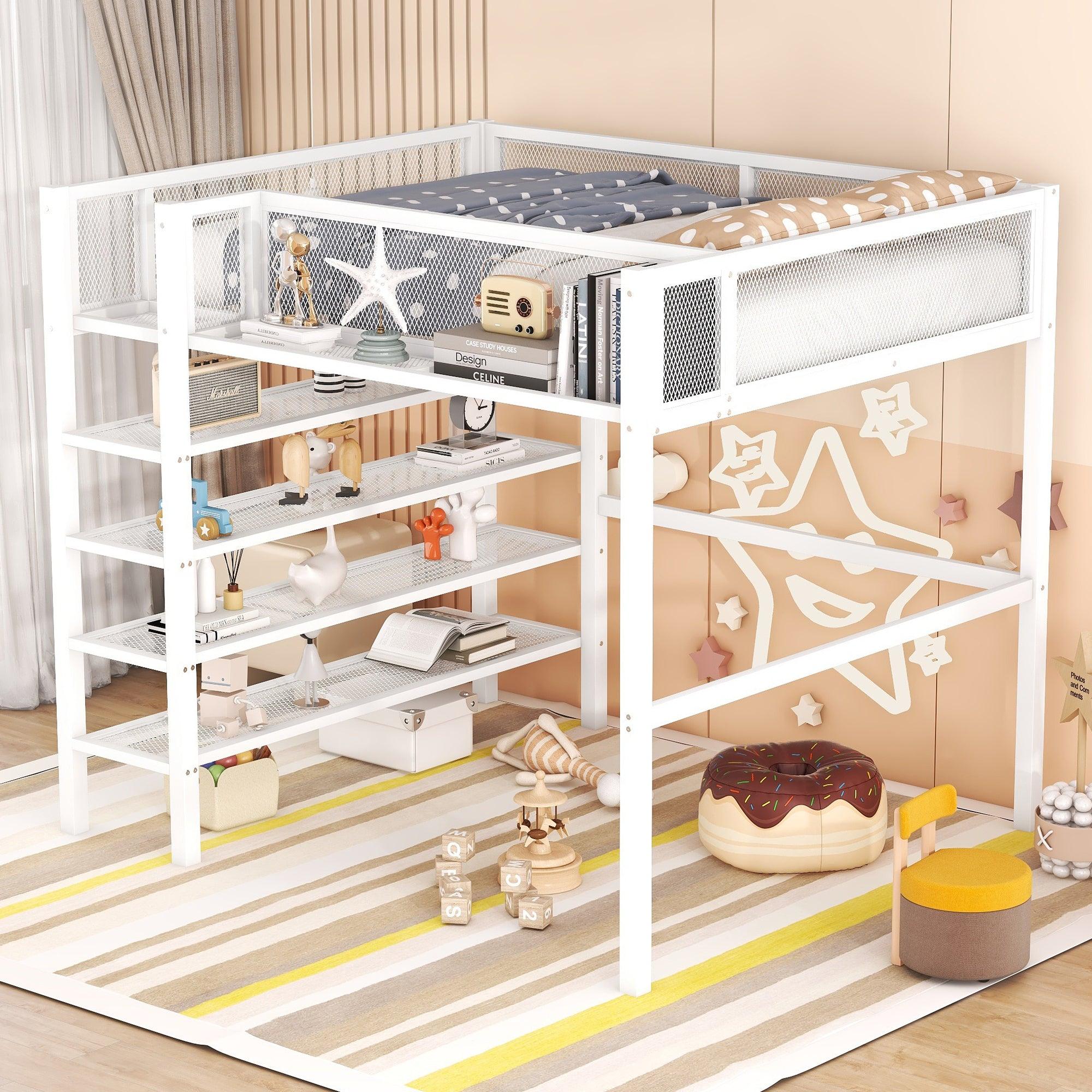 🆓🚛 Full Size Metal Loft Bed With 4-Tier Shelves and Storage, White