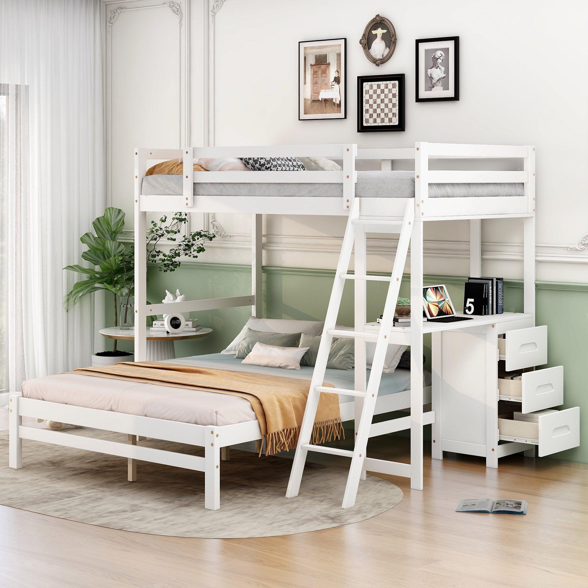 🆓🚛 Twin Over Full Bunk Bed With Built-in Desk & Three Drawers, White