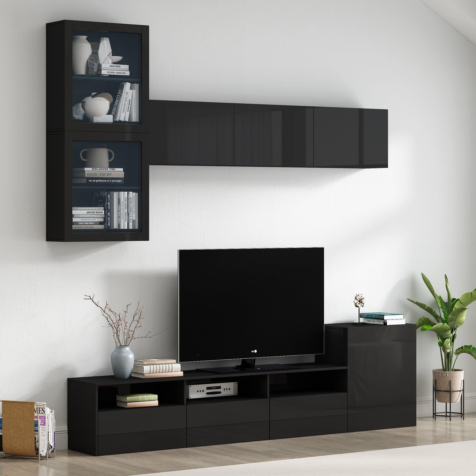 🆓🚛 High Gloss Tv Stand With Ample Storage Space, Media Console for Tvs Up To 75", Versatile Entertainment Center With Wall Mounted Floating Storage Cabinets for Living Room, Black