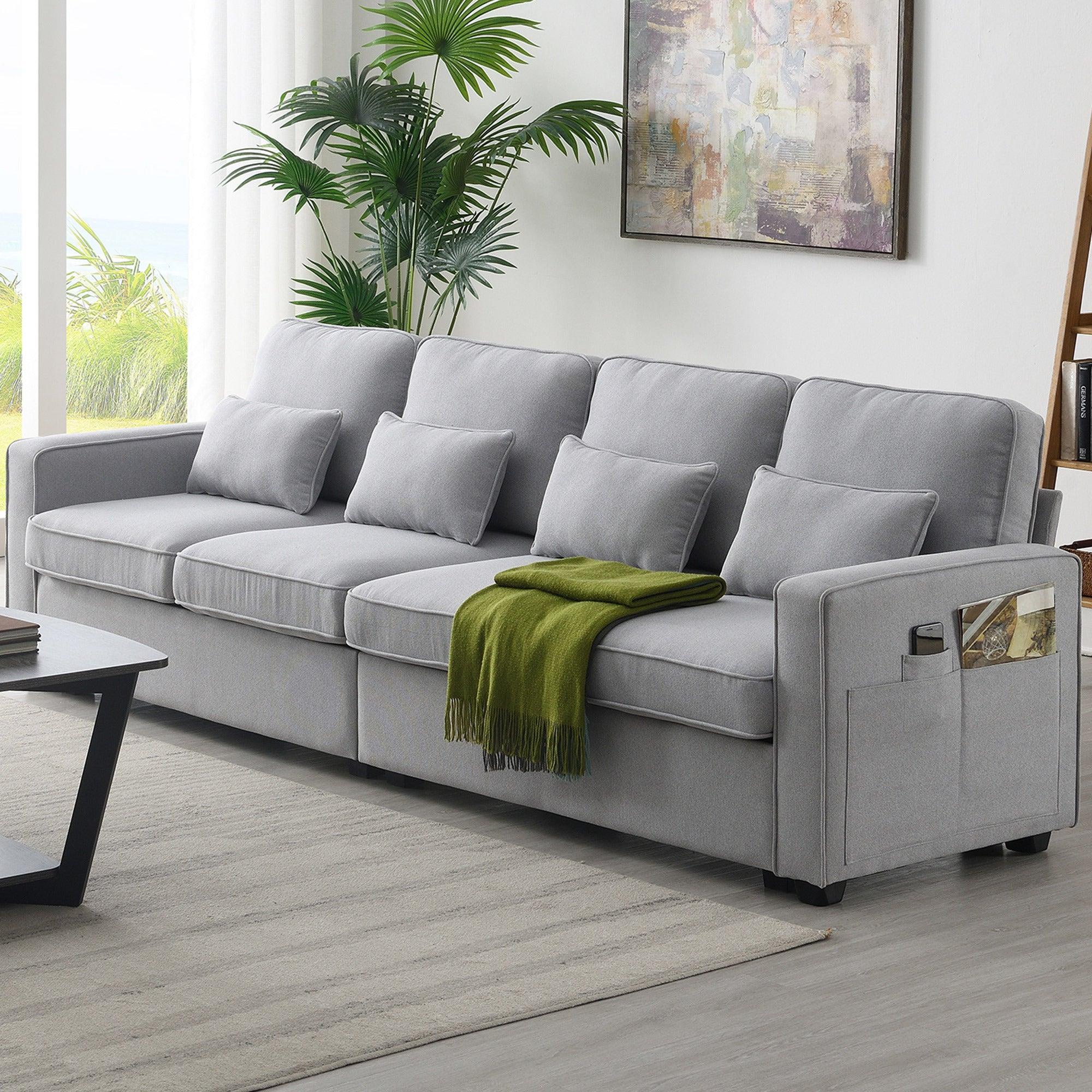 🆓🚛 Lexpin 104" 4-Seater Modern Linen Fabric Sofa With Armrest Pockets & 4 Pillows - Light Gray