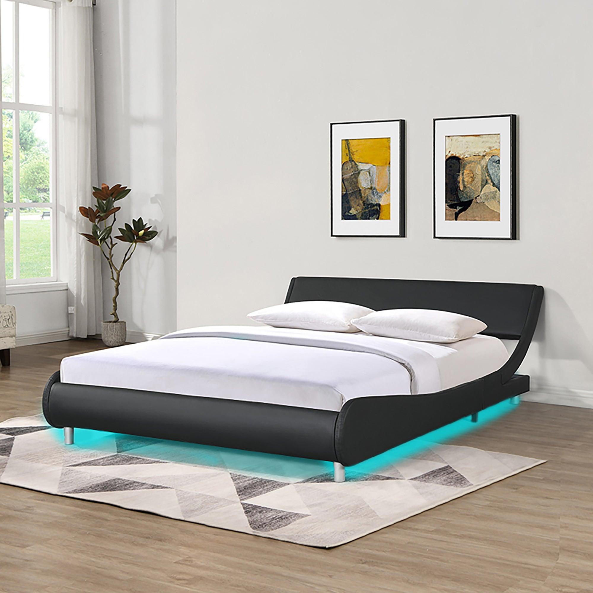 🆓🚛 Queen Size Faux Leather Upholstered Platform Bed Frame, Led Lighting, Remote Controller & App, Curve Design, Black