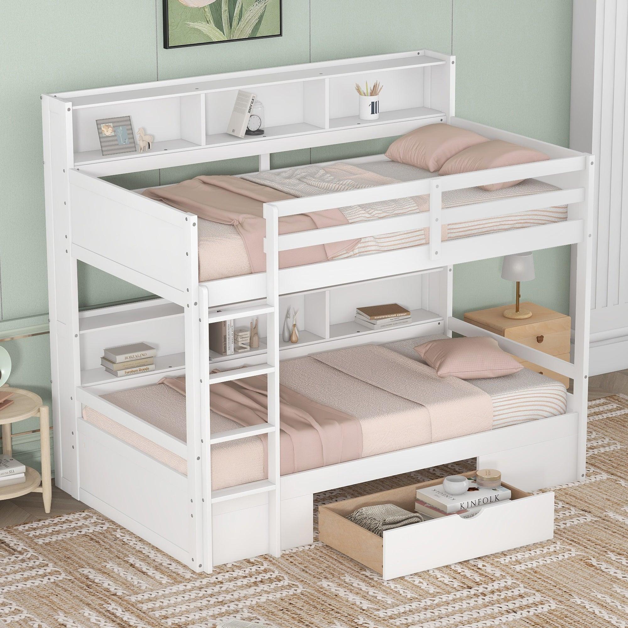 🆓🚛 Twin Size Bunk Bed With Built-in Shelves Beside Both Upper & Down Bed & Storage Drawer, White