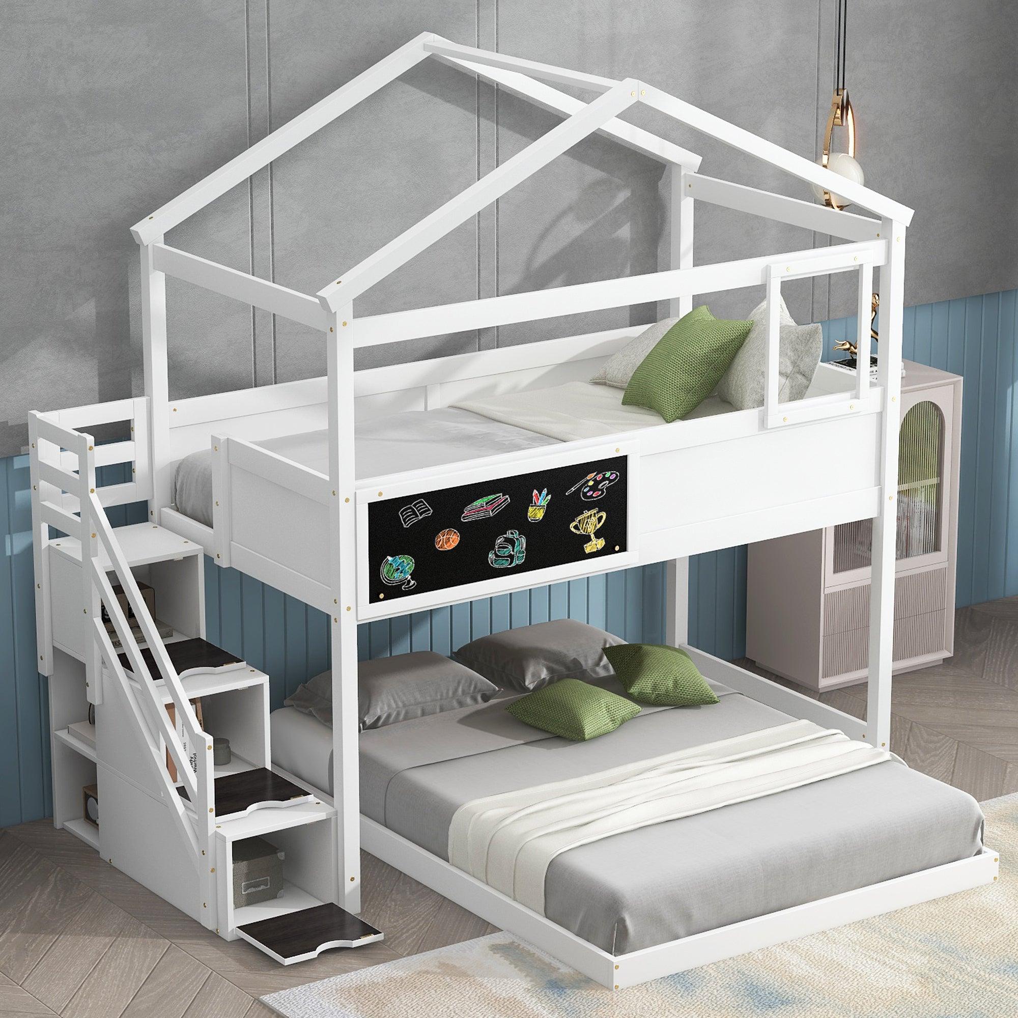 🆓🚛 Twin Over Full House Bunk Bed With Storage Staircase & Blackboard, White
