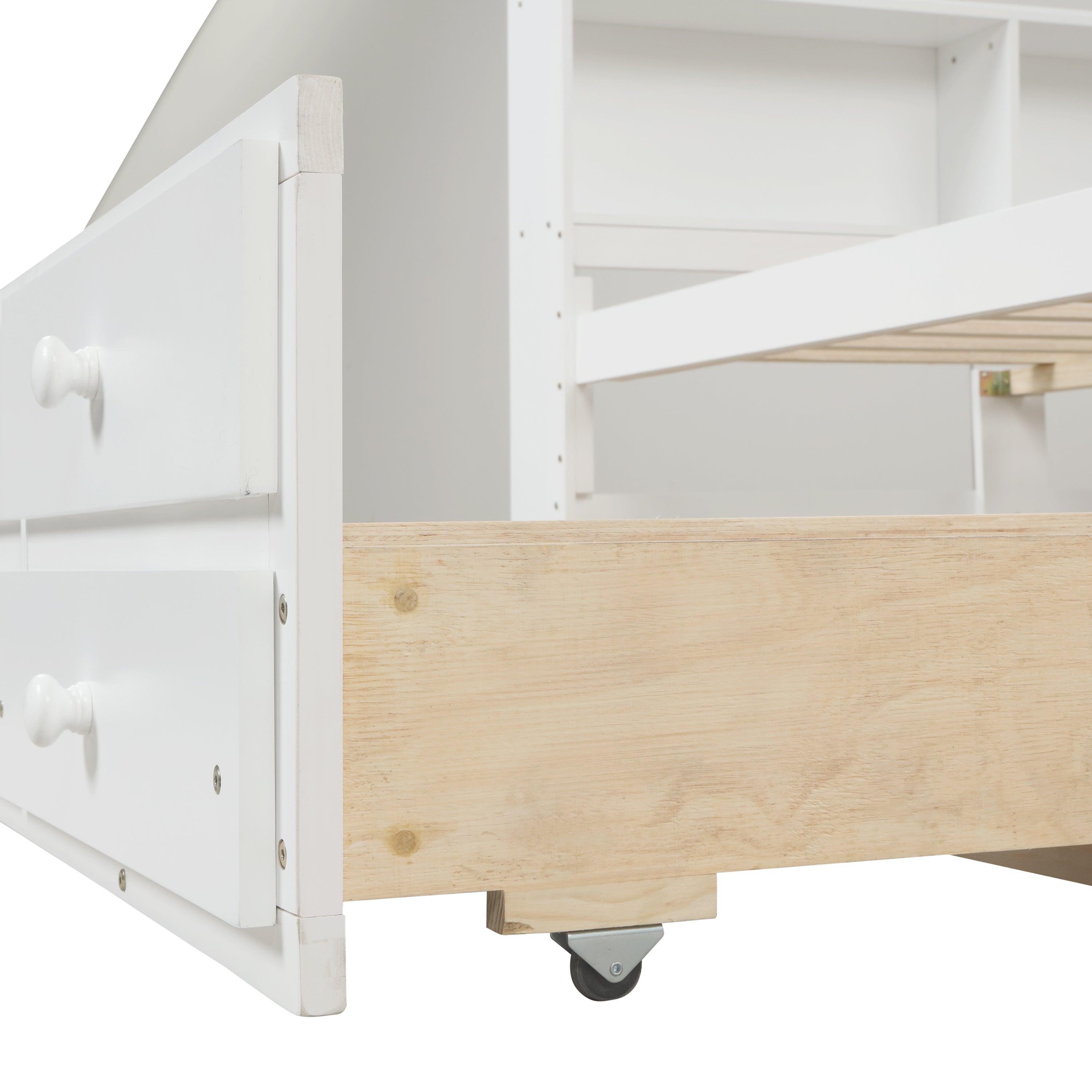 Full Bed With Bookcase, Twin Trundle & Drawers, White