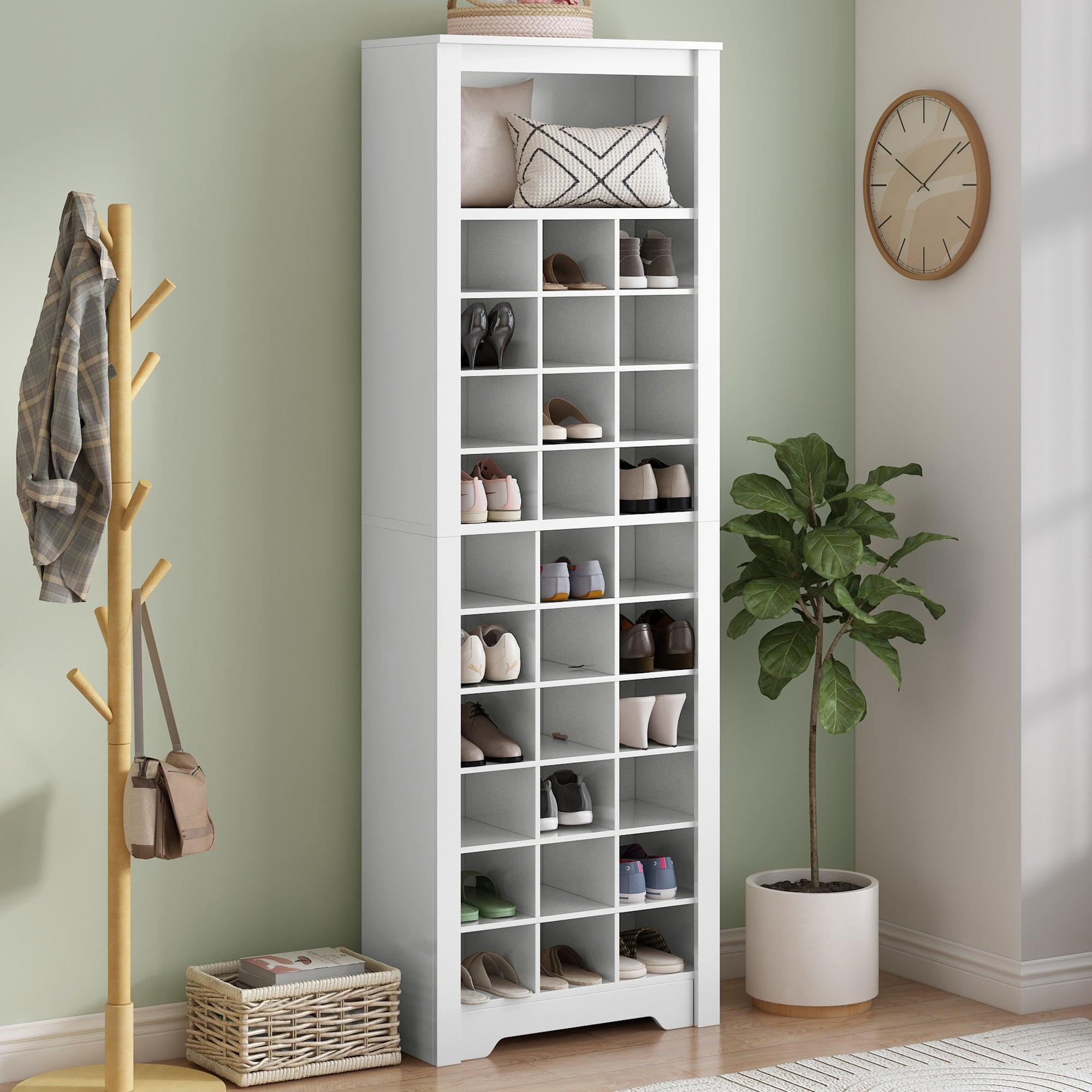 🆓🚛 Stylish Design 30 Shoe Cubby Console, Contemporary Shoe Cabinet With Multiple Storage Capacity, for Hallway & Bedroom - White