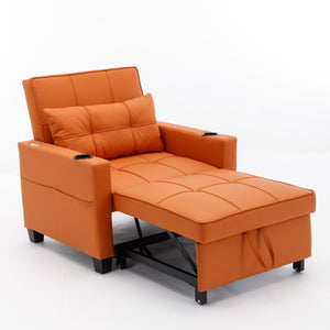 Futon Chair Bed Convertible Chair 3-in-1 Pull Out Sleeper Chair Beds with USB Ports, Wear-resistant and Anti-scratch, Armchair Bed Sleeper for Living Room (Orange Leather)