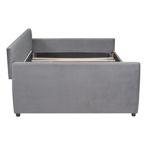 Full Size Upholstered Daybed With Trundle And Wood Slat Support, Gray