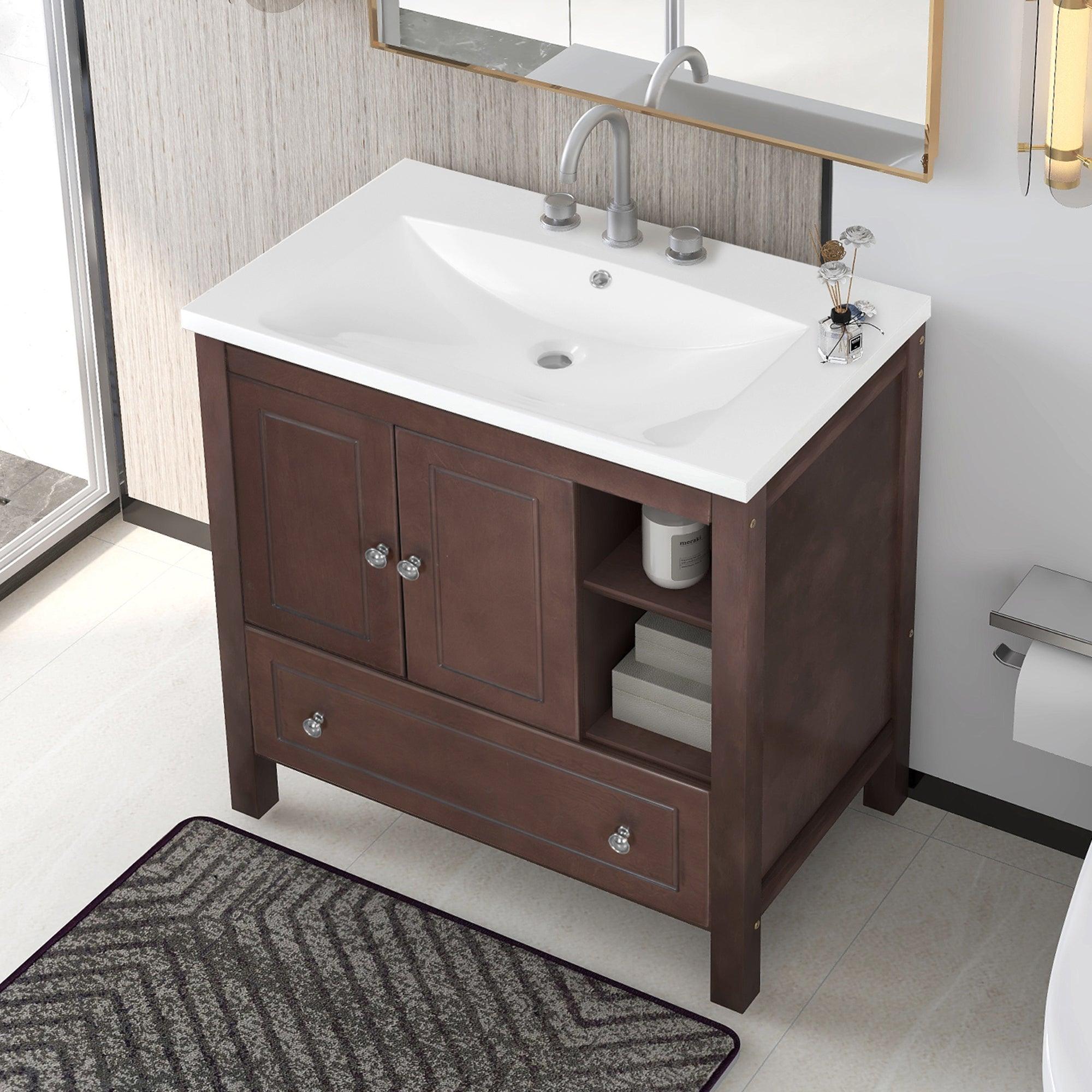 🆓🚛 30" Bathroom Vanity With Sink, Bathroom Storage Cabinet With Doors & Drawers, Solid Wood Frame, Ceramic Sink, Brown