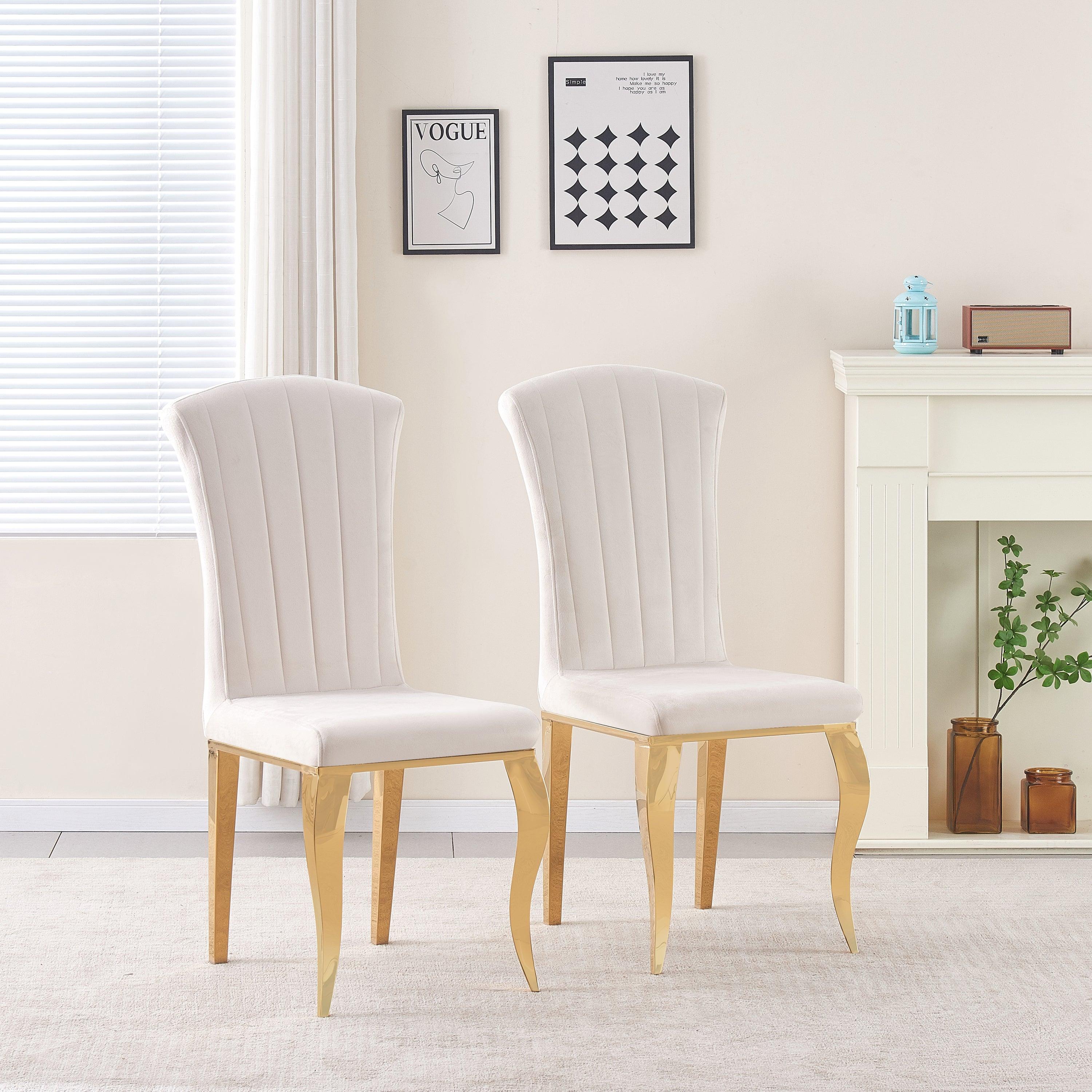 🆓🚛 Set Of 2 Luxury Looking Upholstered Dining Chairs With Golden Legs, White