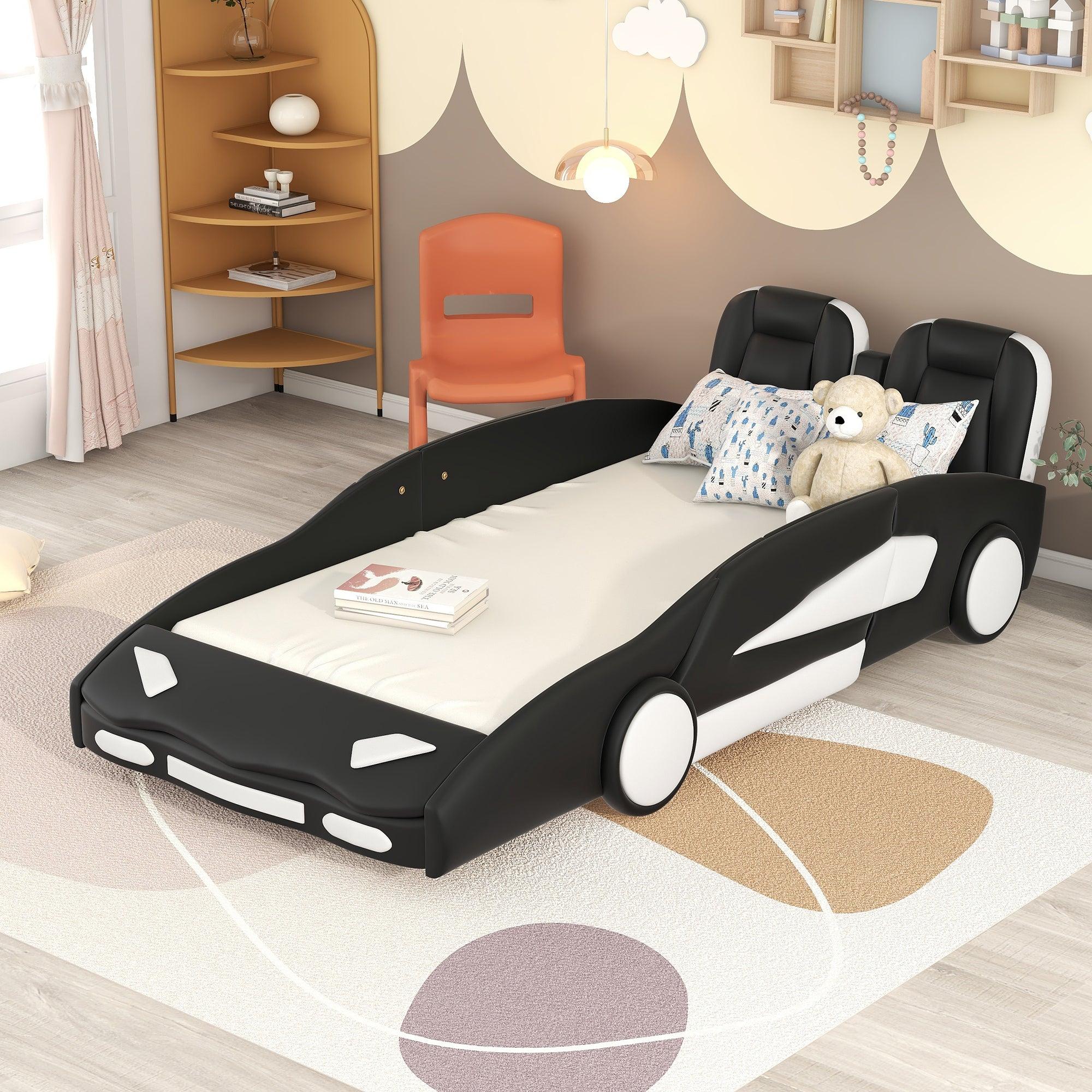 🆓🚛 Twin Size Race Car-Shaped Platform Bed With Wheels, Black