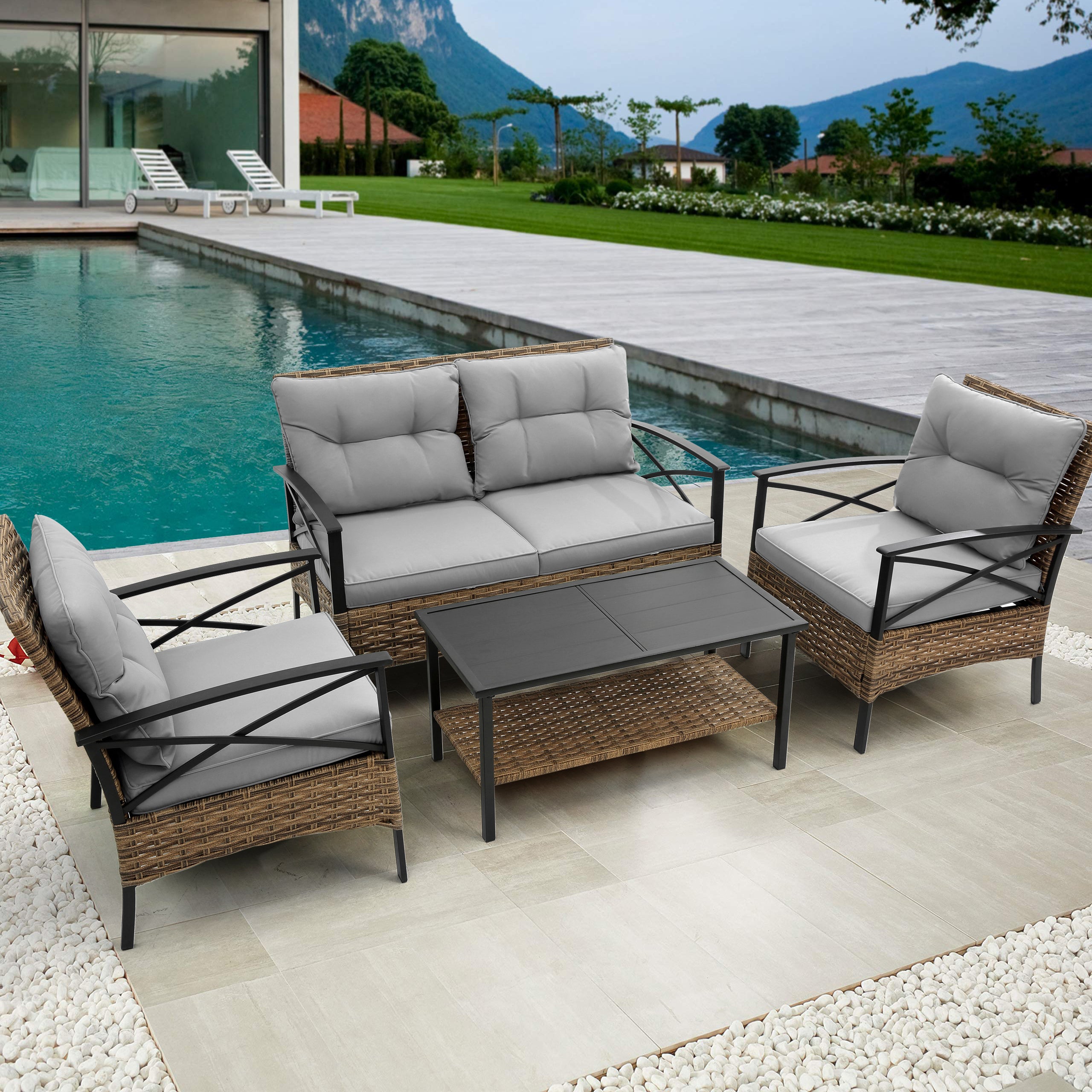 🆓🚛 Patio 4 Piece Sectional Low Dining Conversation Sofa Set, Kd Rattan Wicker Outdoor Garden Furniture Corner Sofa Set With Gray Cushions